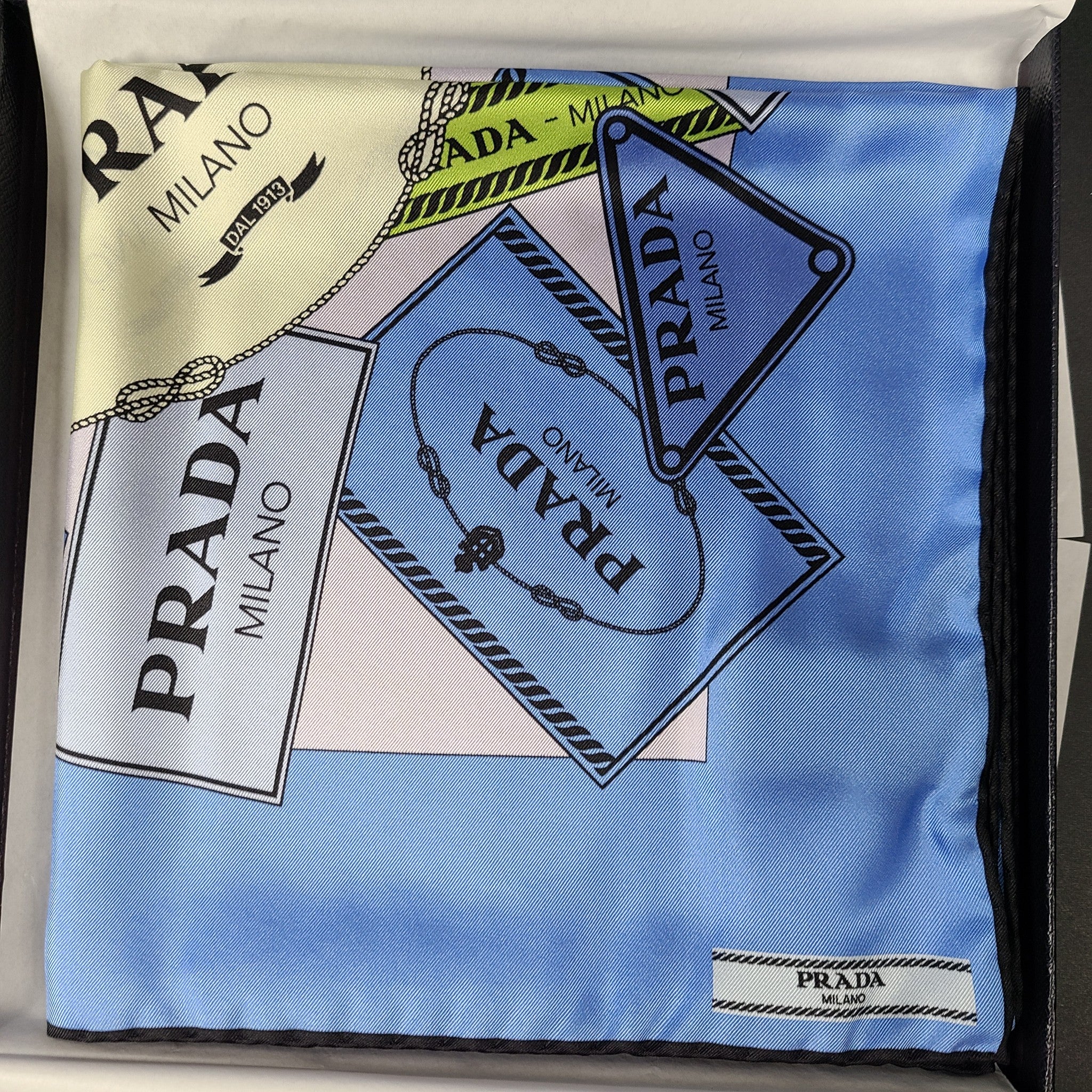 Prada Silk Twill Foulard Celeste Scarf Neckerchief Square 35" New Gift Box