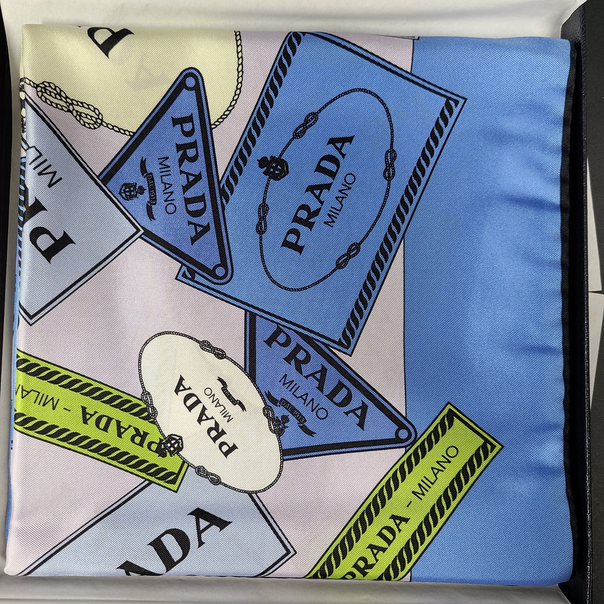 Prada Silk Twill Foulard Celeste Scarf Neckerchief Square 35" New Gift Box