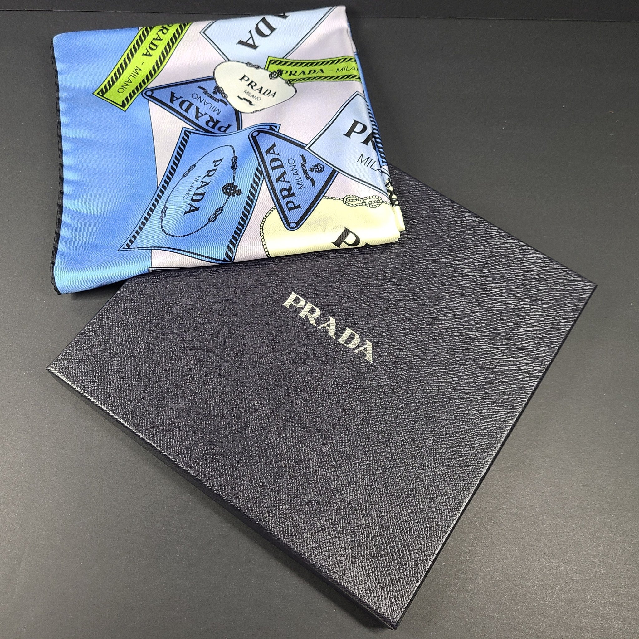 Prada Silk Twill Foulard Celeste Scarf Neckerchief Square 35" New Gift Box