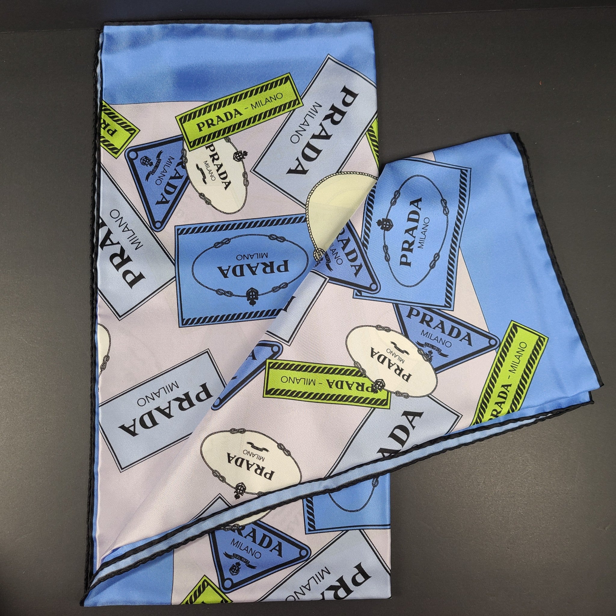 Prada Silk Twill Foulard Celeste Scarf Neckerchief Square 35" New Gift Box