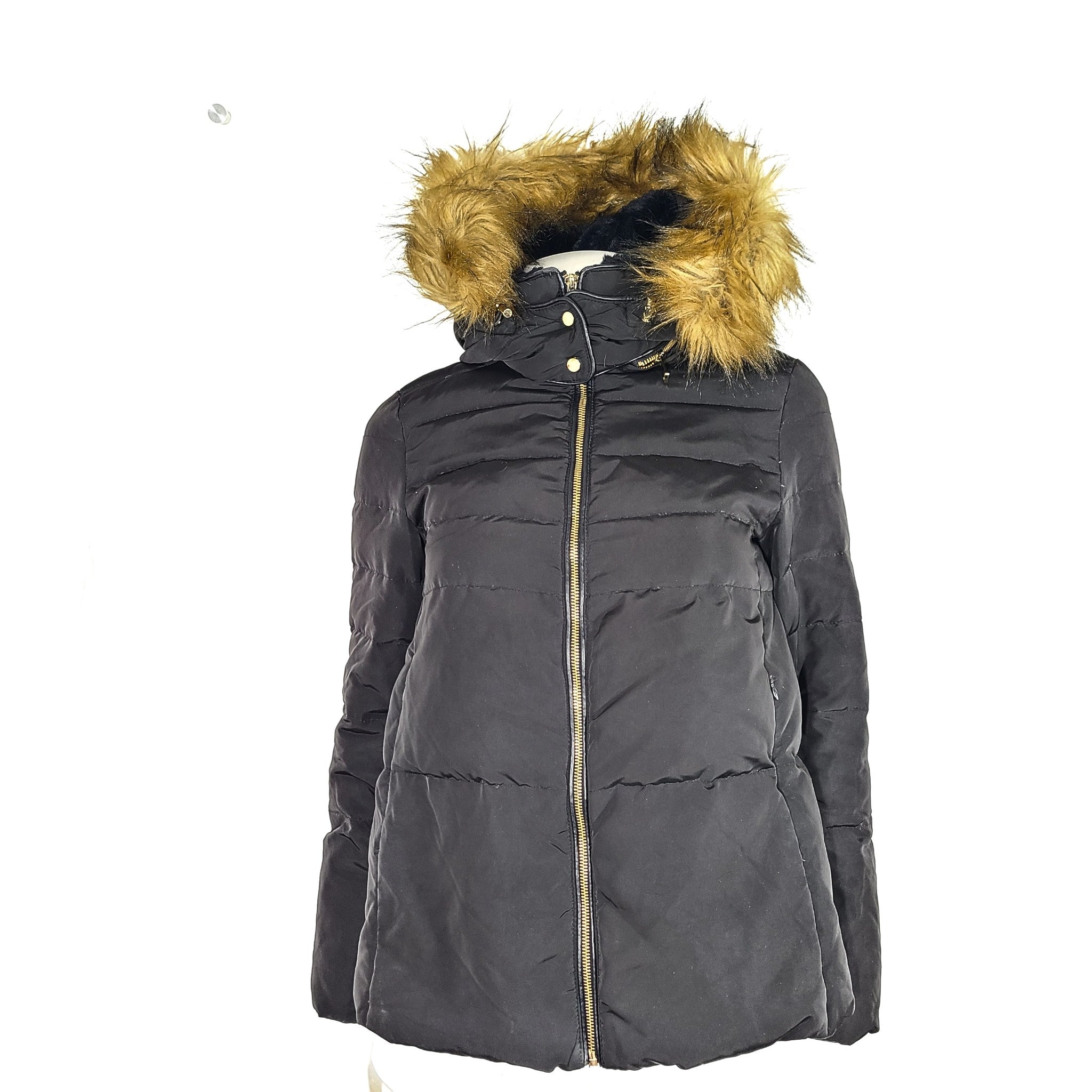 Zara Women's Down Puffer Jacket Quilted Faux Fur Hood Black Sz S