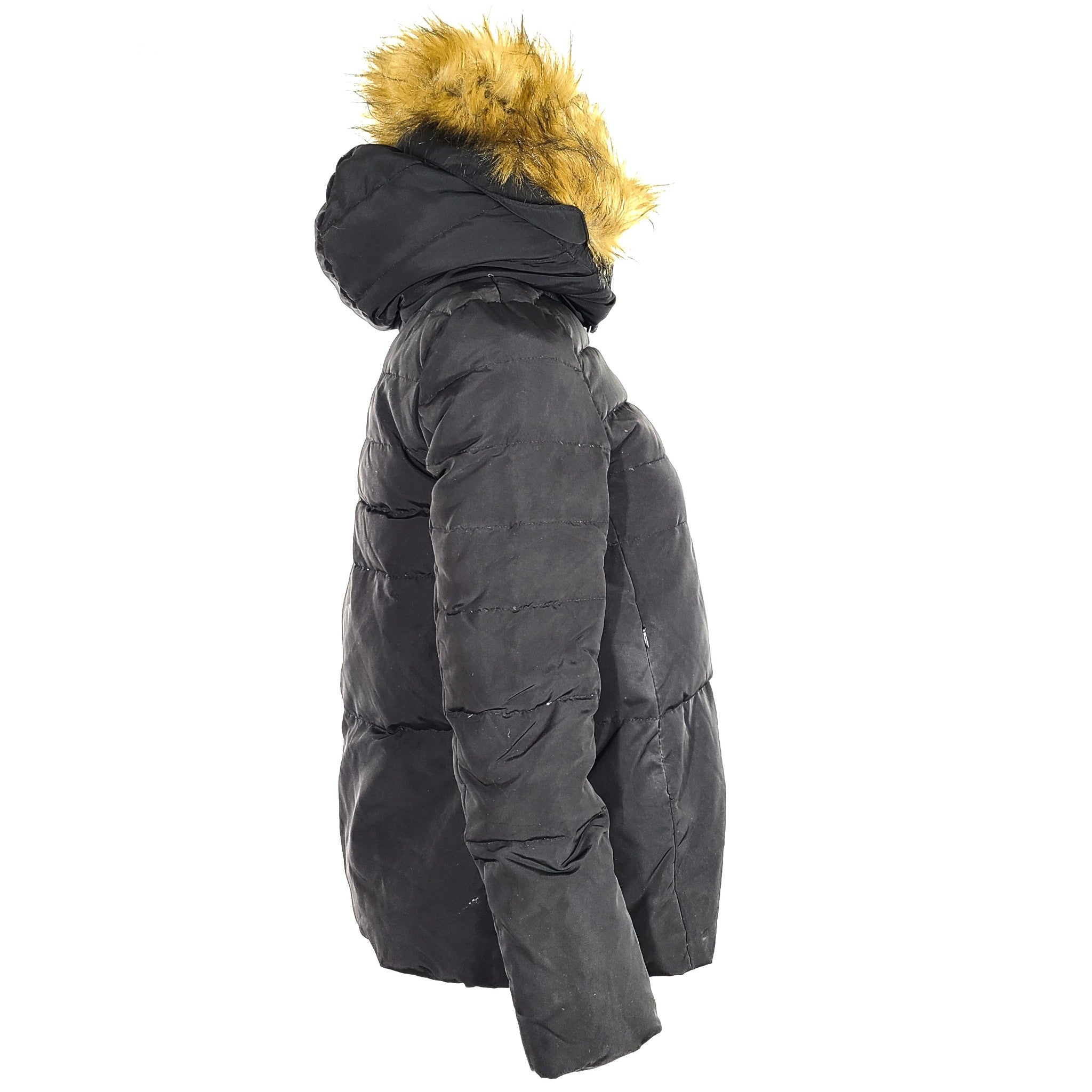 Zara Women's Down Puffer Jacket Quilted Faux Fur Hood Black Sz S