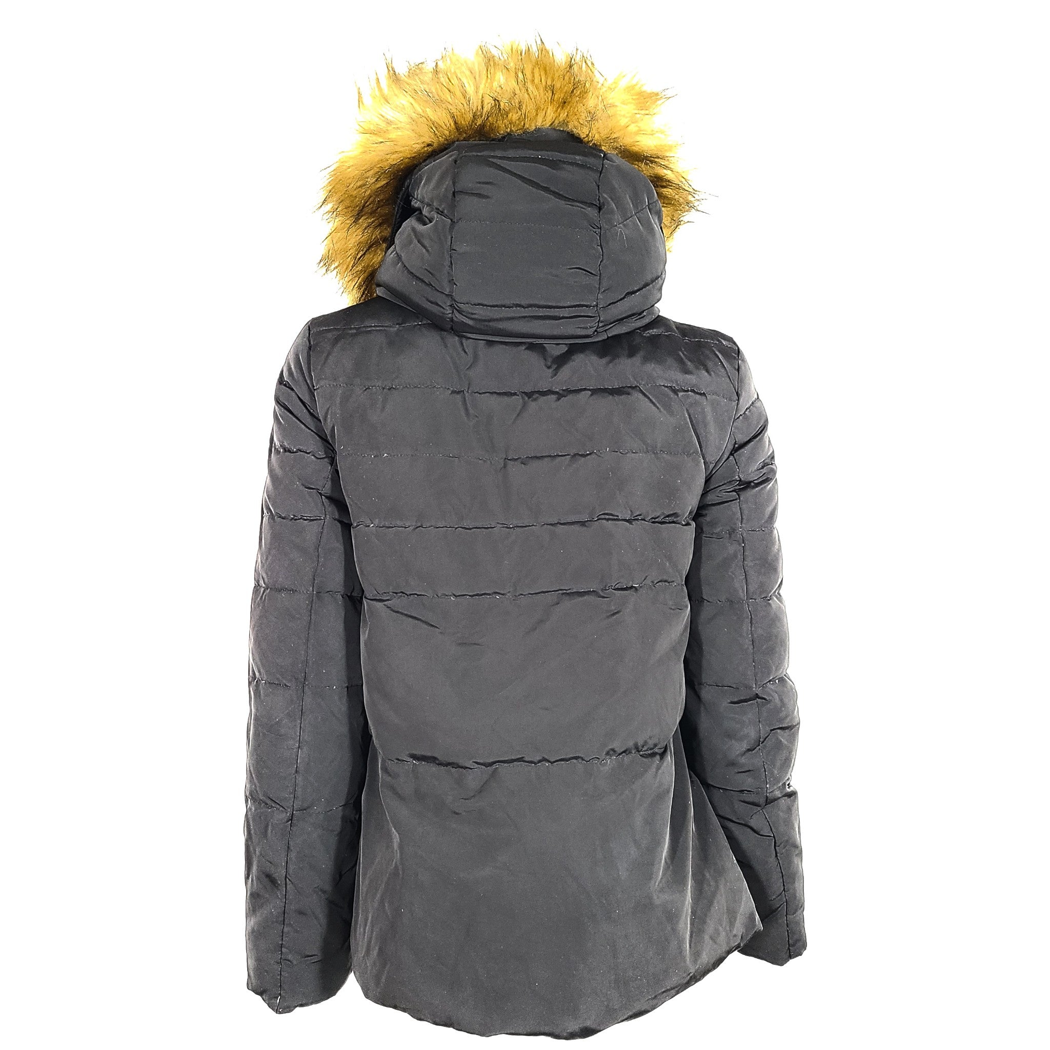 Zara Women's Down Puffer Jacket Quilted Faux Fur Hood Black Sz S
