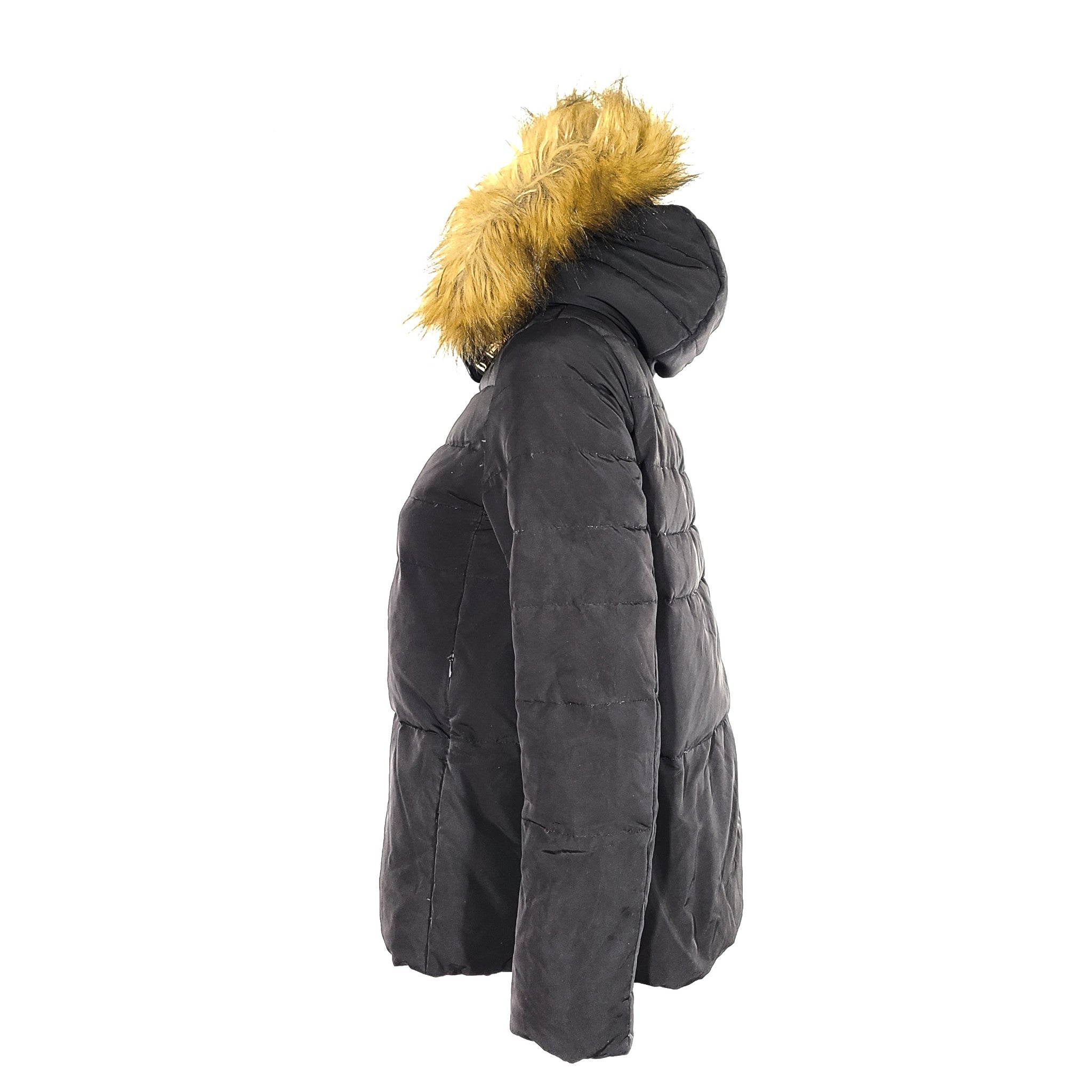 Zara Women's Down Puffer Jacket Quilted Faux Fur Hood Black Sz S