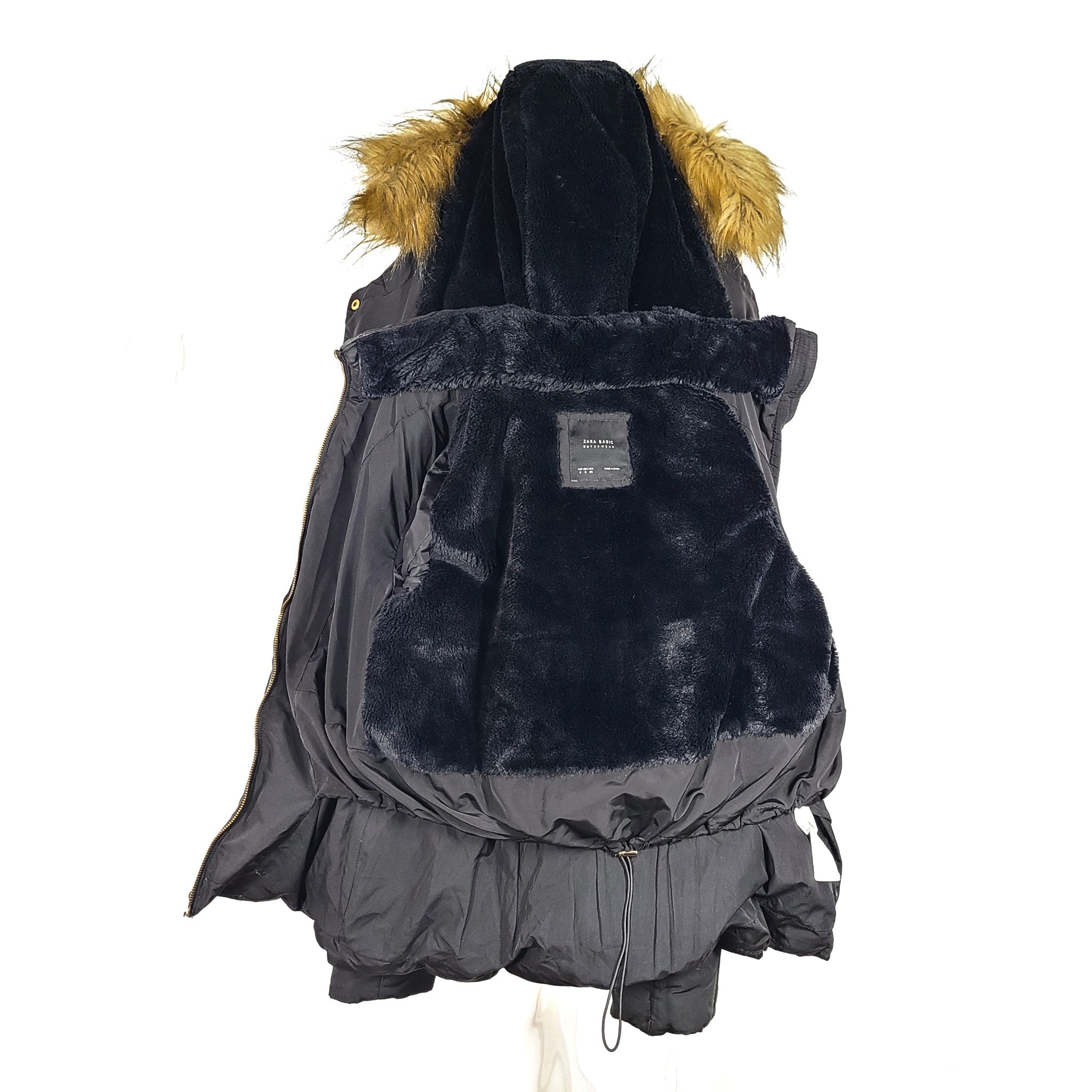 Zara Women's Down Puffer Jacket Quilted Faux Fur Hood Black Sz S