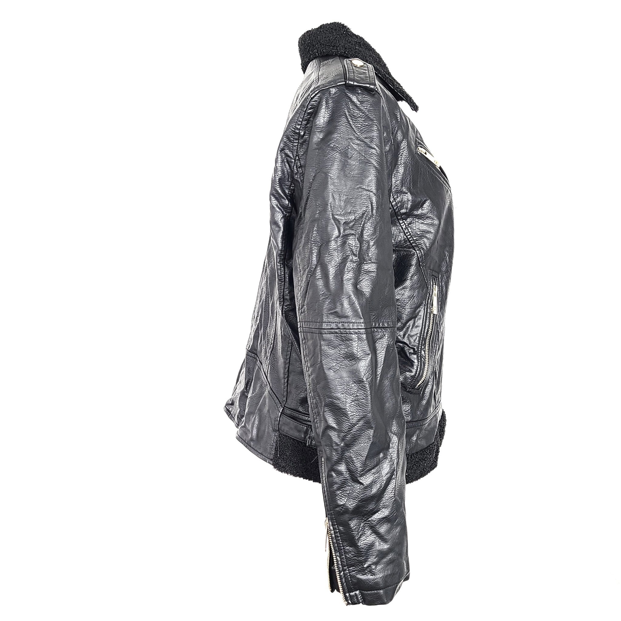 Tommy Hilfiger Women's Faux Leather Biker Jacket Sherpa Lining Black Size Sz XL