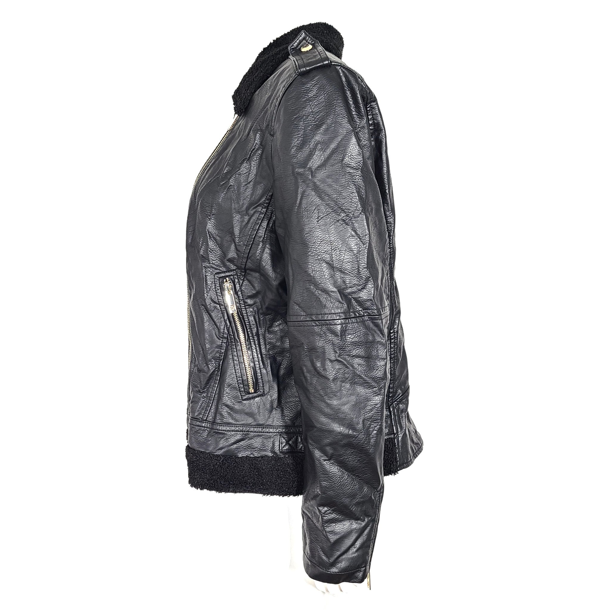 Tommy Hilfiger Women's Faux Leather Biker Jacket Sherpa Lining Black Size Sz XL