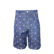 Louis Vuitton Men's Blue & Gold Embroidered Signature Denim Shorts Blue Sz 32