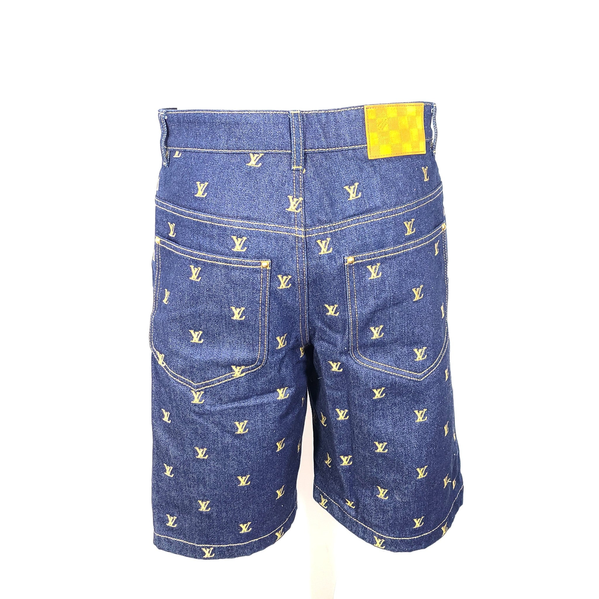 Louis Vuitton Men's Blue & Gold Embroidered Signature Denim Shorts Blue Sz 32