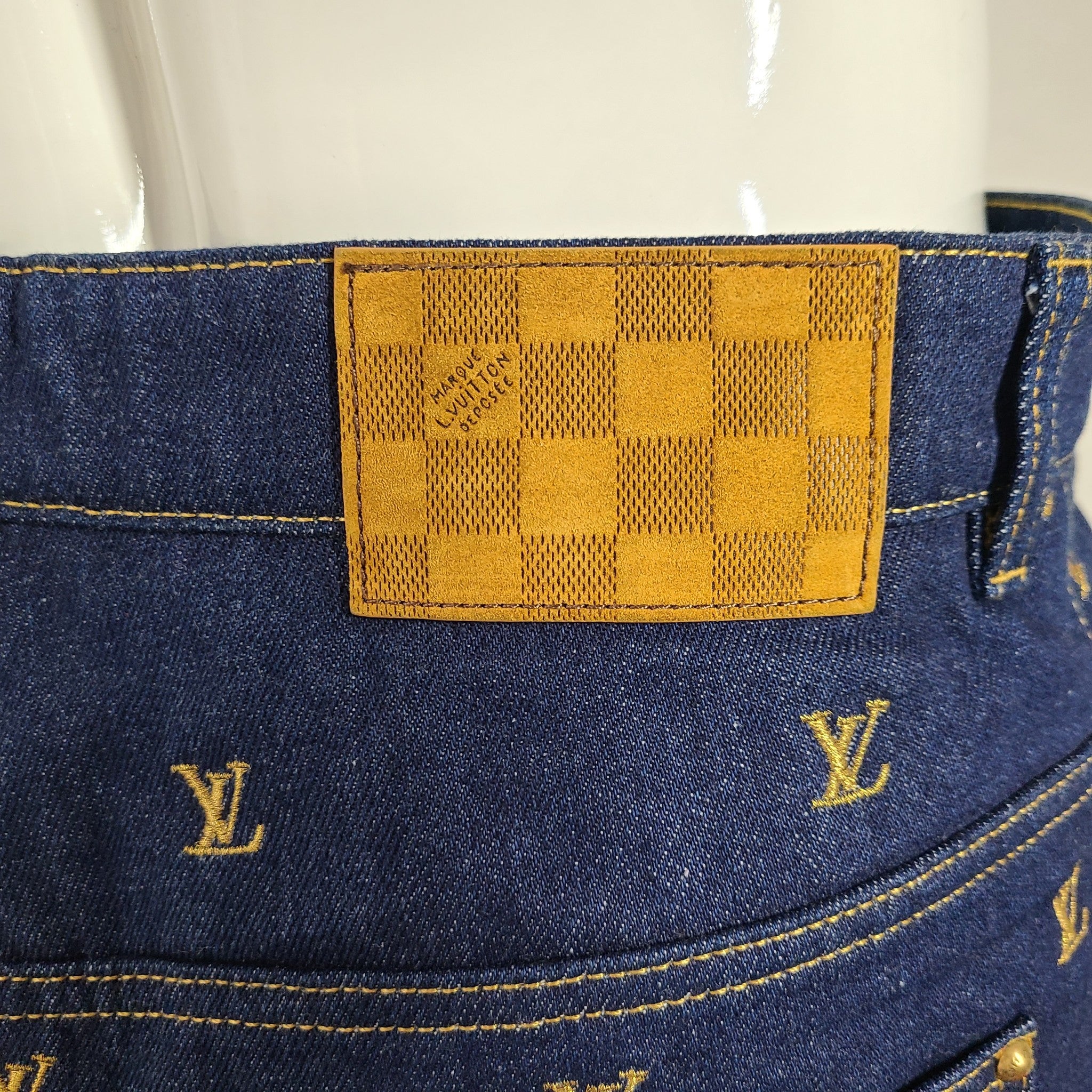 Louis Vuitton Men's Blue & Gold Embroidered Signature Denim Shorts Blue Sz 32