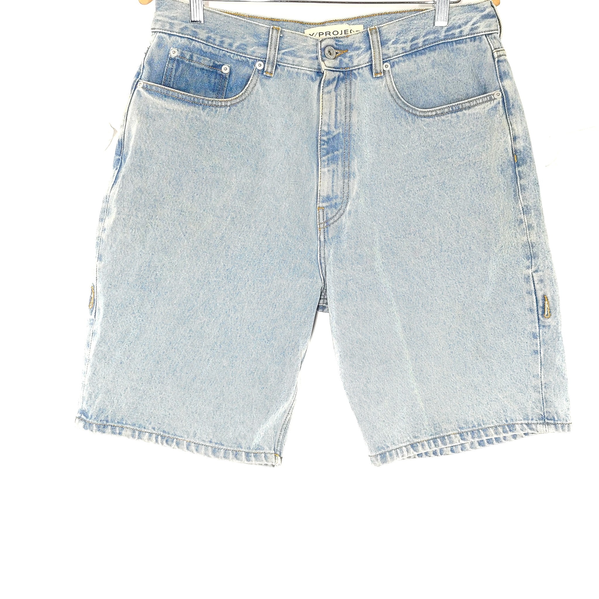 Y/Project Evergreen Unisex Denim Shorts Bermuda Wide Hem High Rise Blue Sz 31