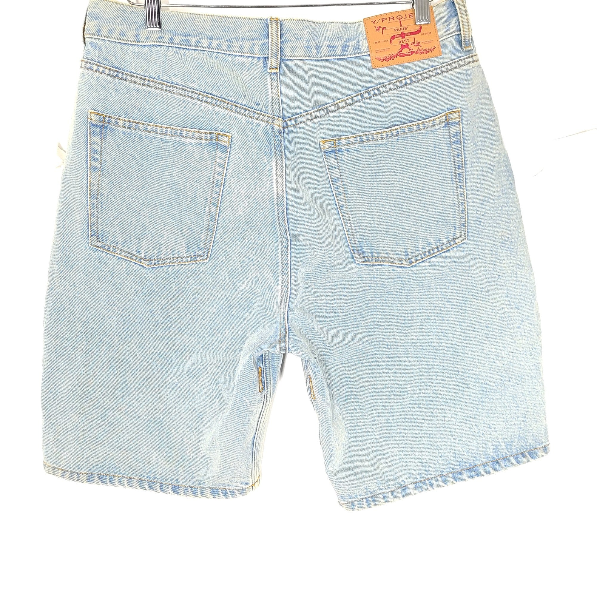 Y/Project Evergreen Unisex Denim Shorts Bermuda Wide Hem High Rise Blue Sz 31