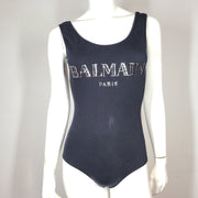 Balmain Embossed Logo Round Neck Bodysuit 100% Cotton Sleeveless Black FR38