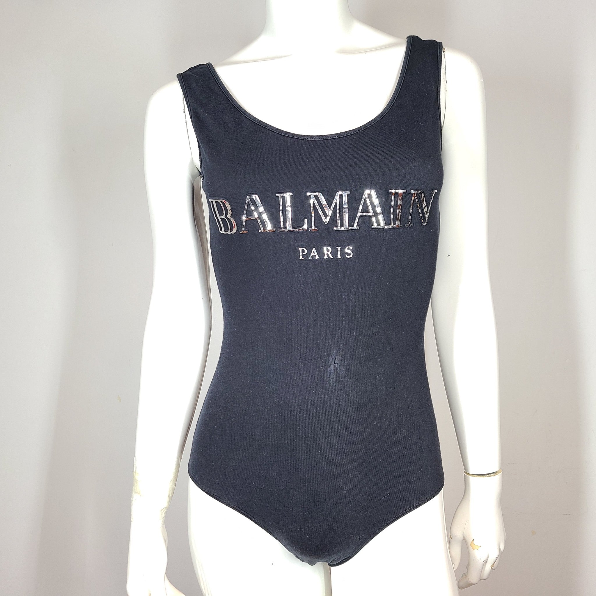 Balmain Embossed Logo Round Neck Bodysuit 100% Cotton Sleeveless Black FR38