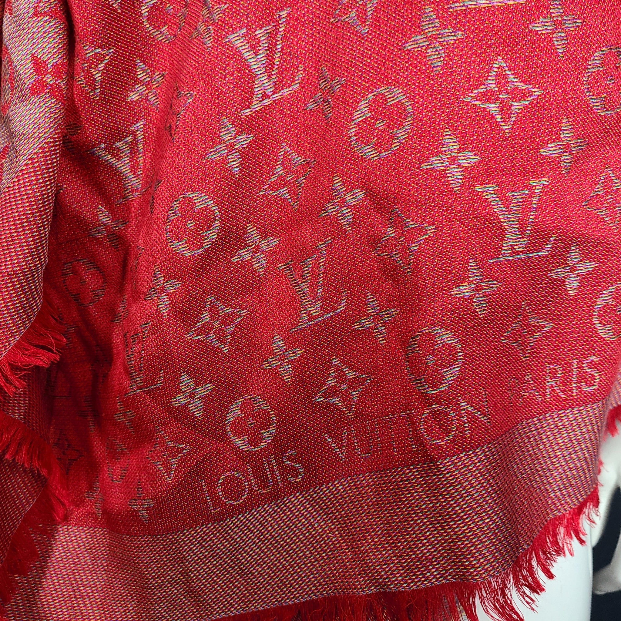 Louis Vuitton Rainbow Monogram Silk/Wool Shawl Scarf M75748 Rubis Red 55"