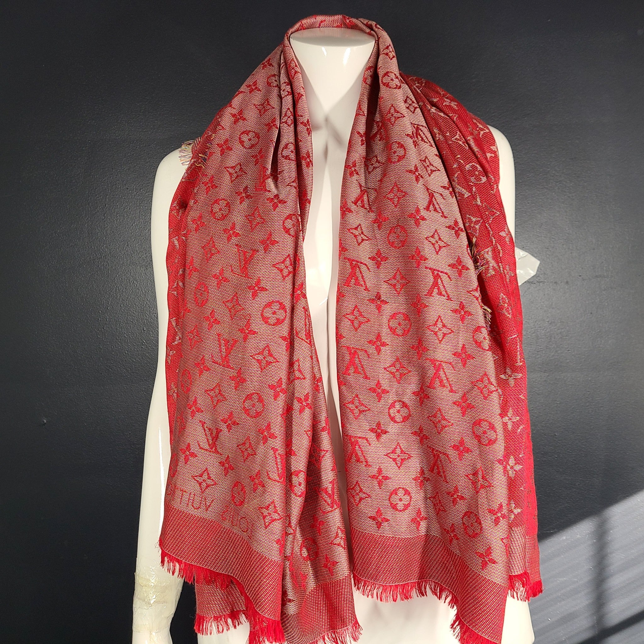 Louis Vuitton Rainbow Monogram Silk/Wool Shawl Scarf M75748 Rubis Red 55"