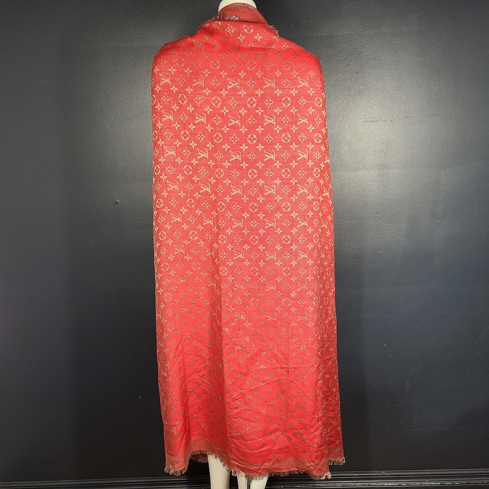 Louis Vuitton Rainbow Monogram Silk/Wool Shawl Scarf M75748 Rubis Red 55"