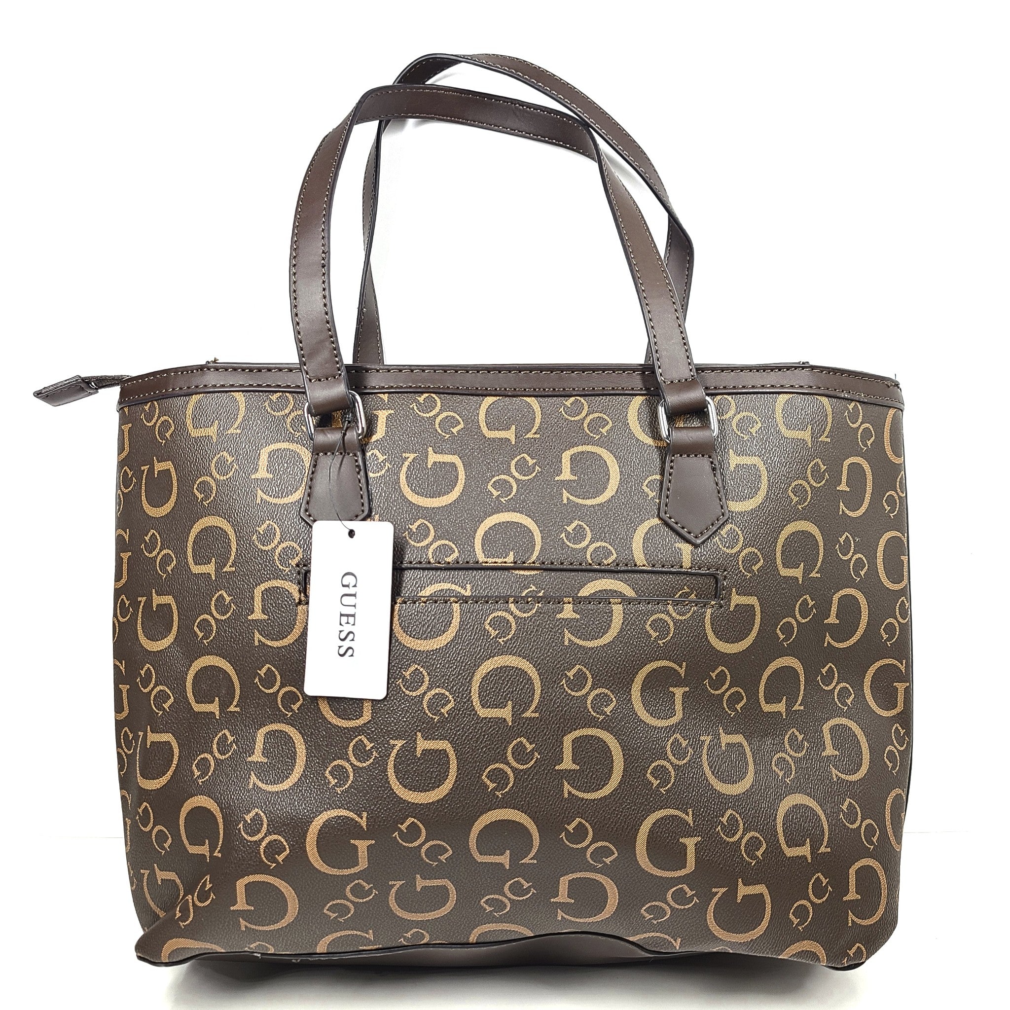GUESS Medford Logo Tote Bag + Pouch Monogram Print Shoulder Strap Brown HH902925