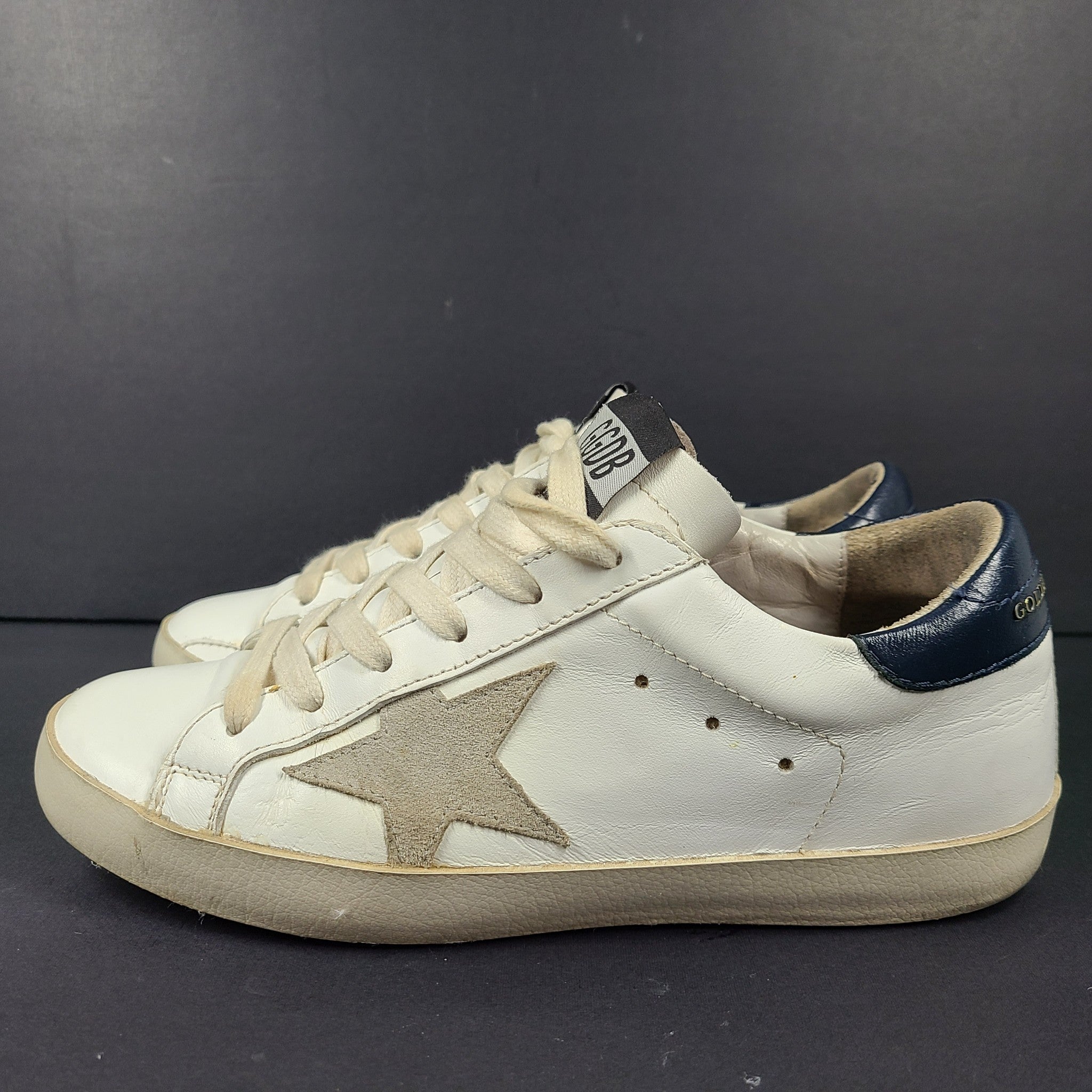 Golden Goose Women's Super-Star Sneakers with Suede Star and Blue Heel Tab Sz 6