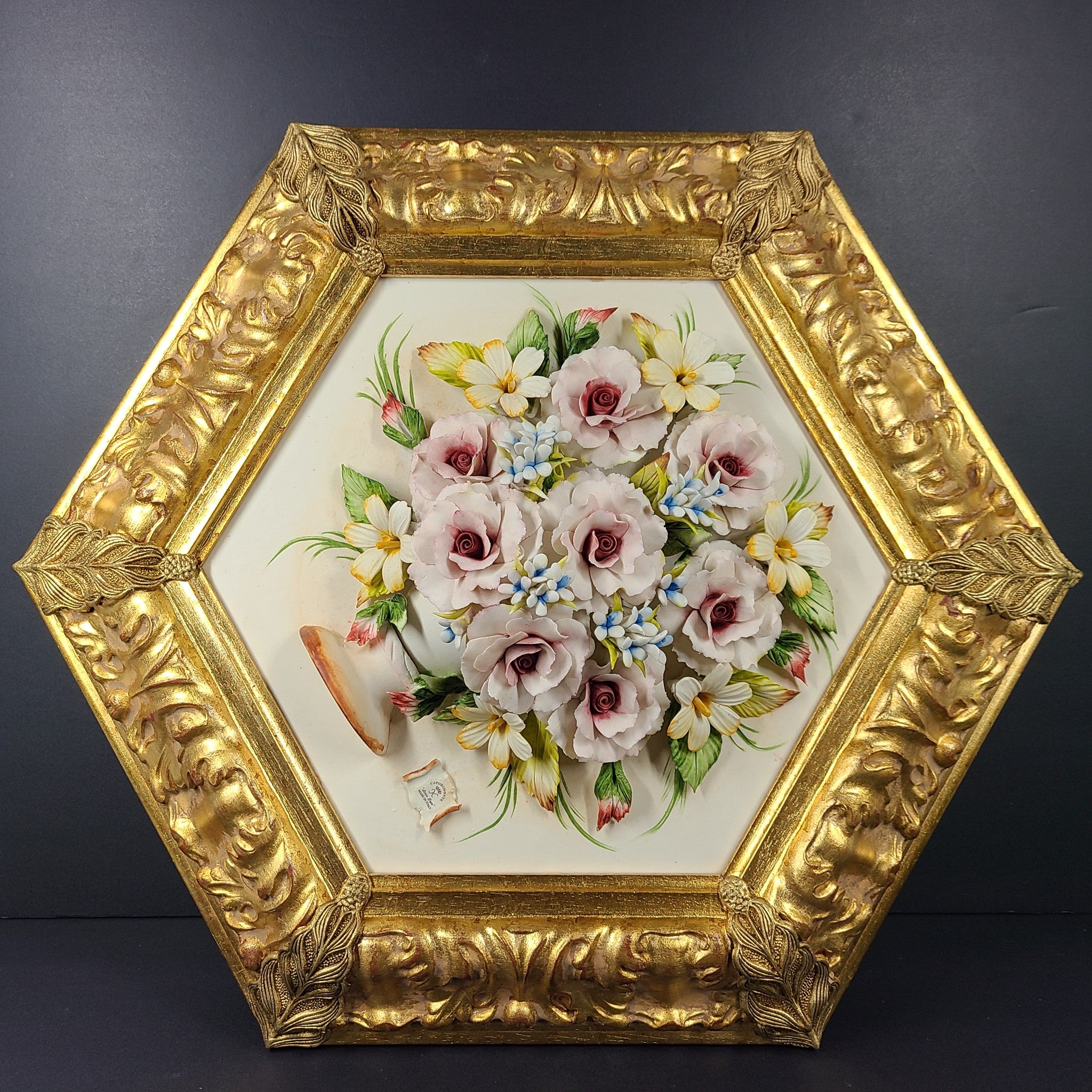 Capodimonte Linea Expo Porcelain Flower Bouquet Painting Gold Frame Italy