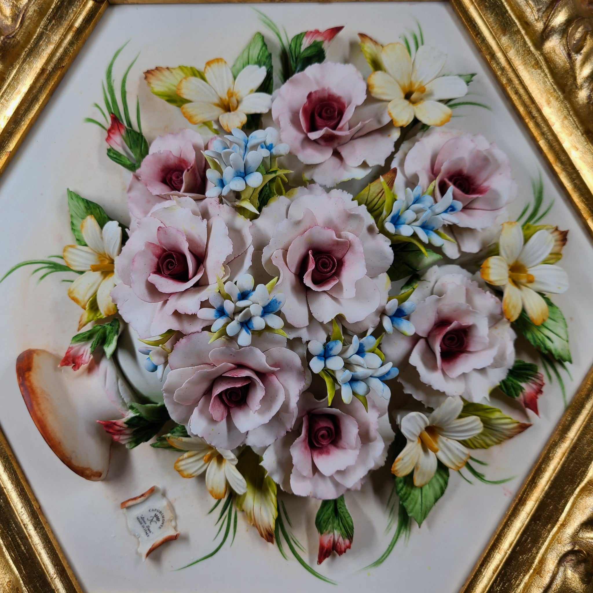 Capodimonte Linea Expo Porcelain Flower Bouquet Painting Gold Frame Italy