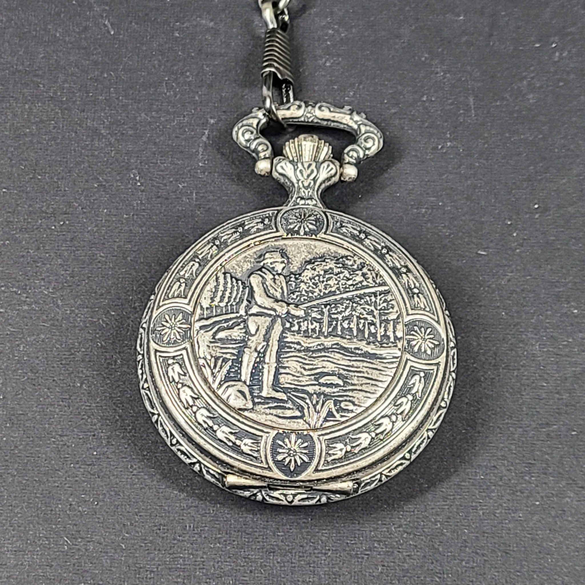 Dakota Pocket Watch Fisherman Cover Made in Japan - Silver Tone