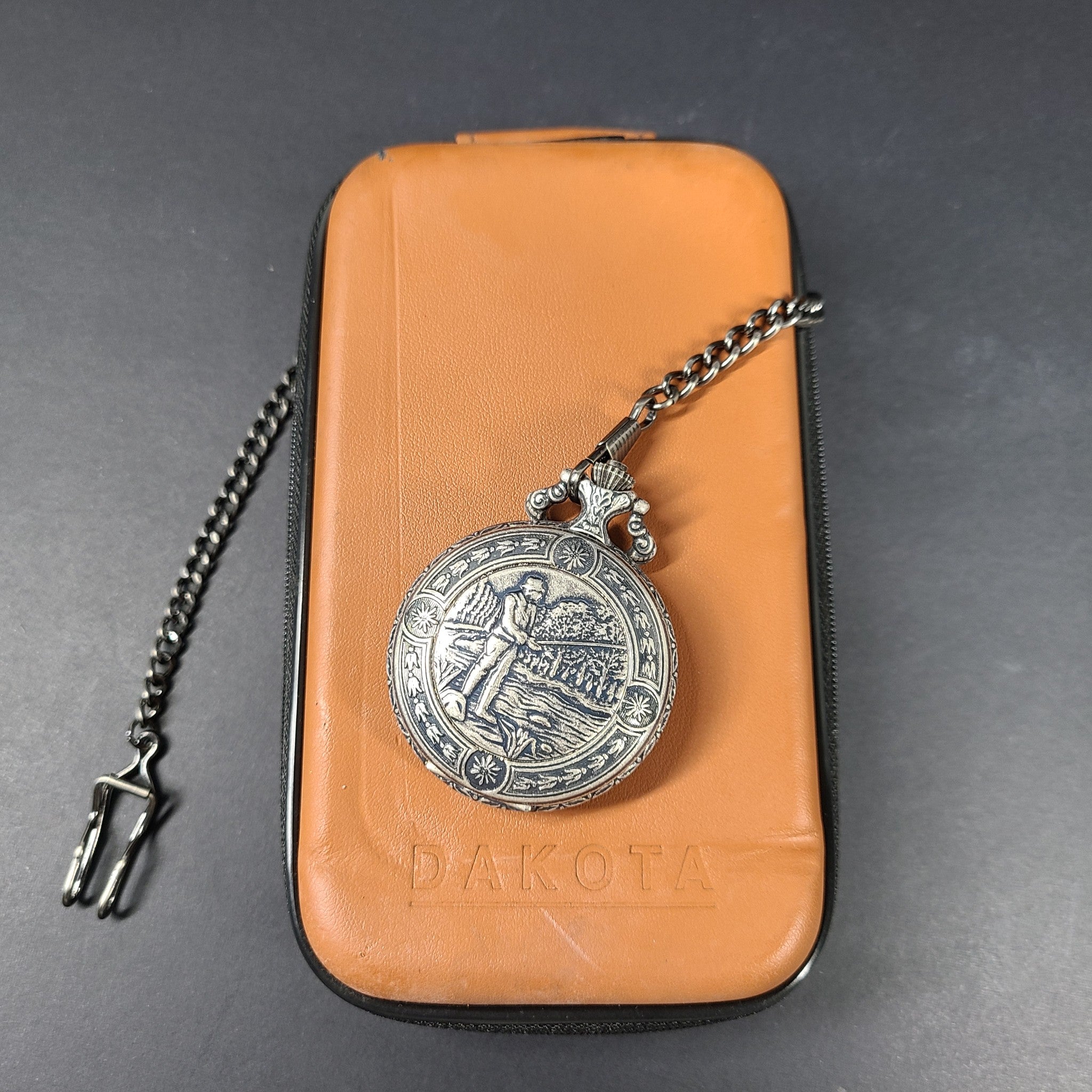 Dakota Pocket Watch Fisherman Cover Made in Japan - Silver Tone