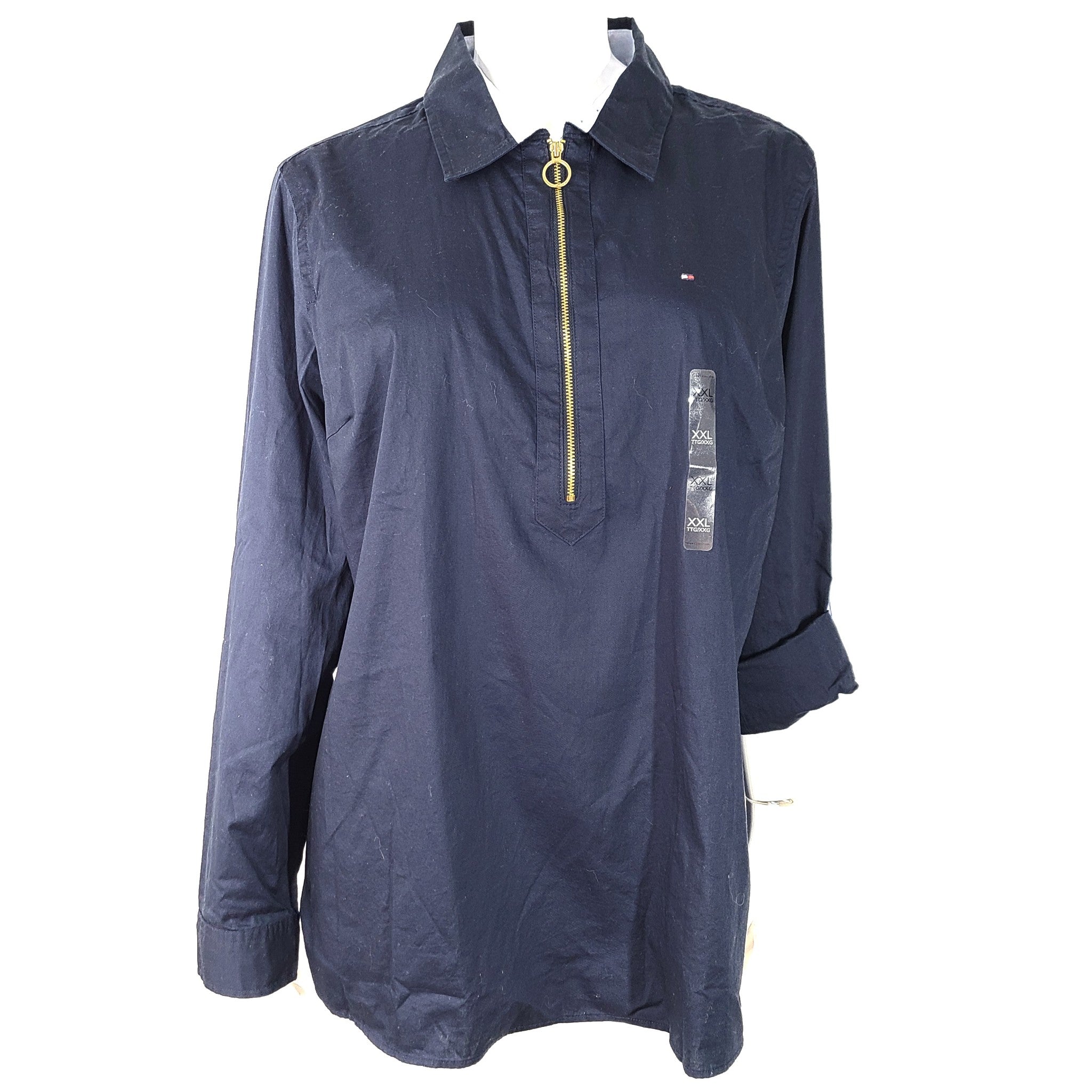 Tommy Hilfiger Women's 1/2 Zip Collared Long Roll Up Sleeve Shirt Navy Blue XXL