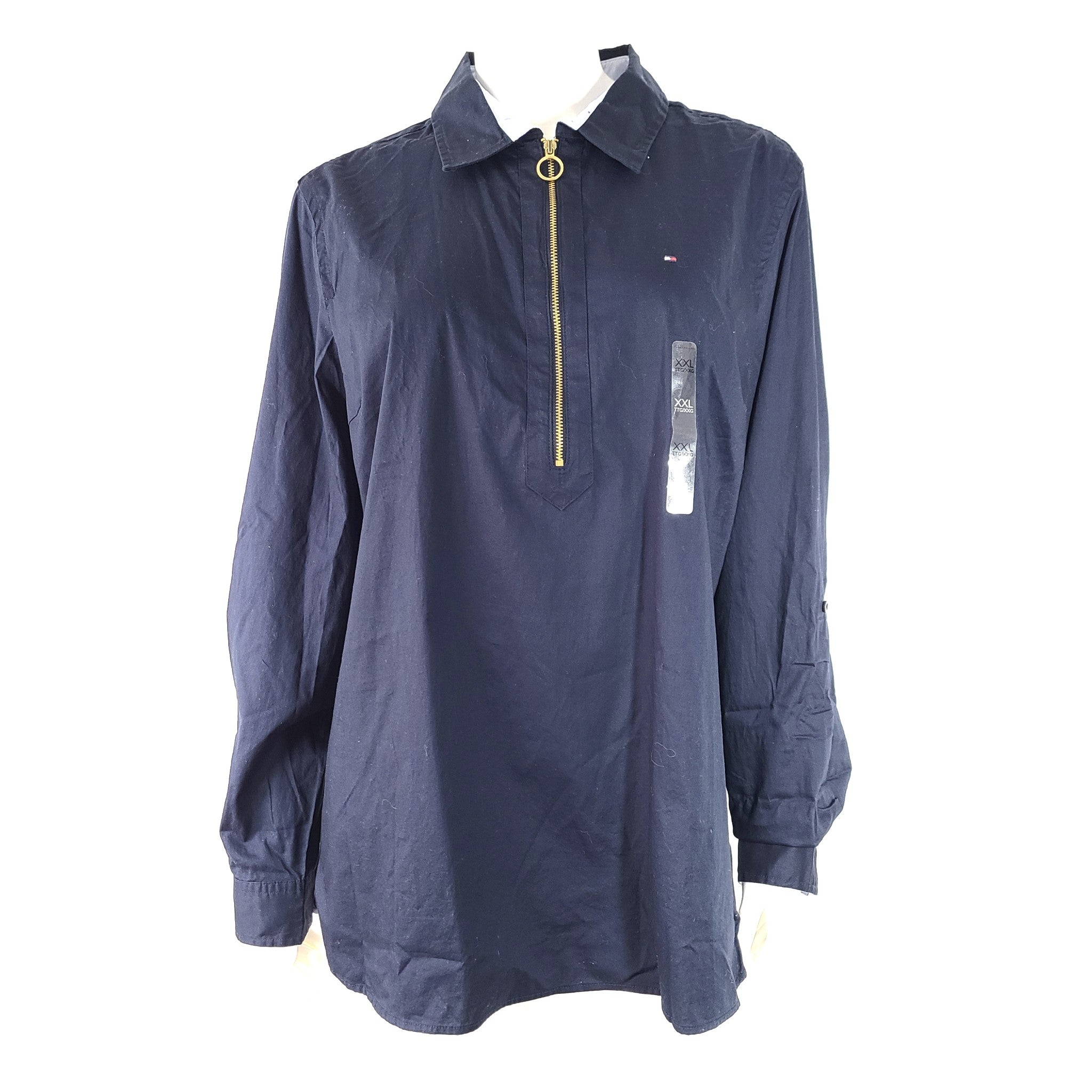 Tommy Hilfiger Women's 1/2 Zip Collared Long Roll Up Sleeve Shirt Navy Blue XXL