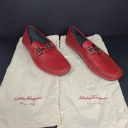 Salvatore Ferragamo Men's Driver w/ Gancini Loafers Pebbled Leather Red US 8.5