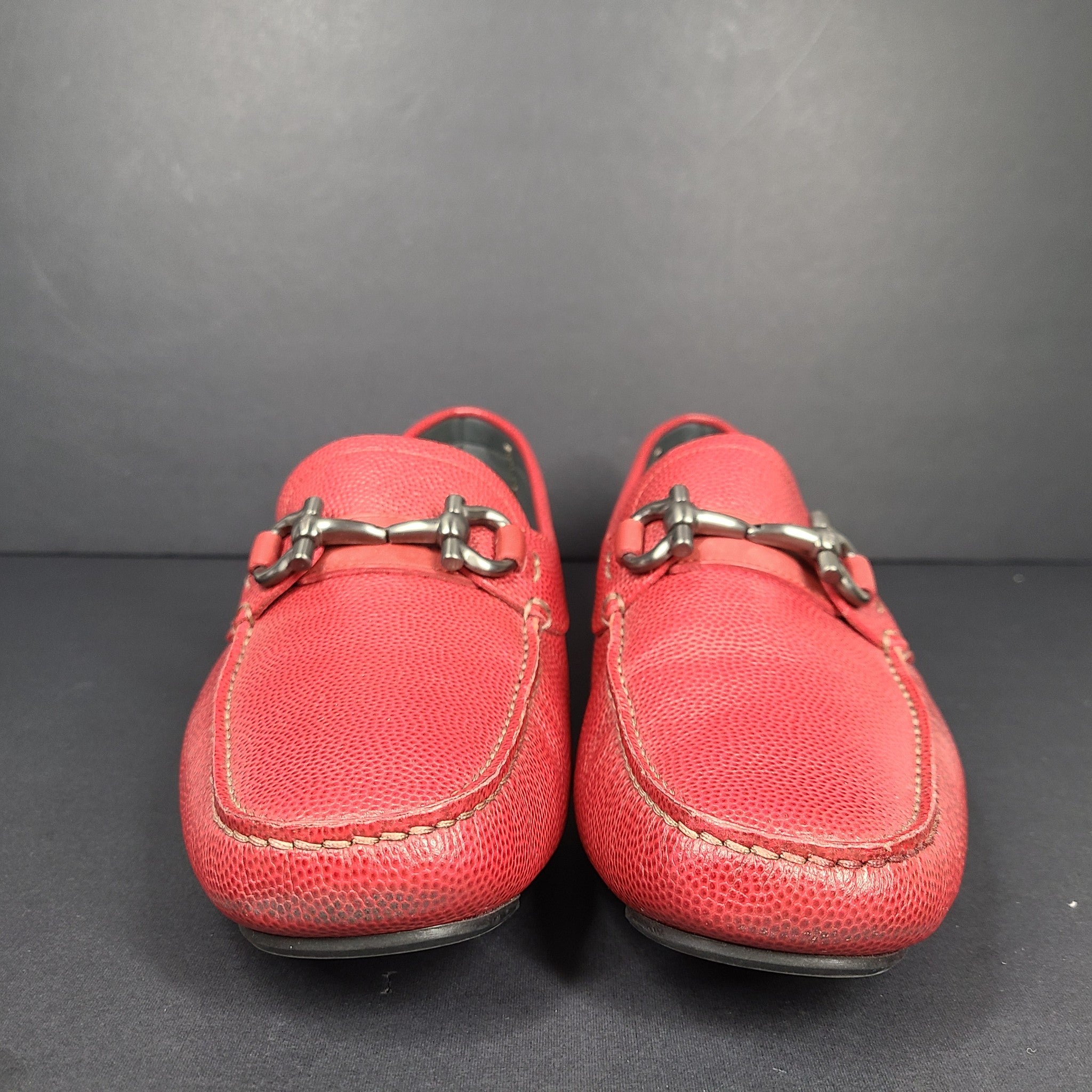 Salvatore Ferragamo Men's Driver w/ Gancini Loafers Pebbled Leather Red US 8.5