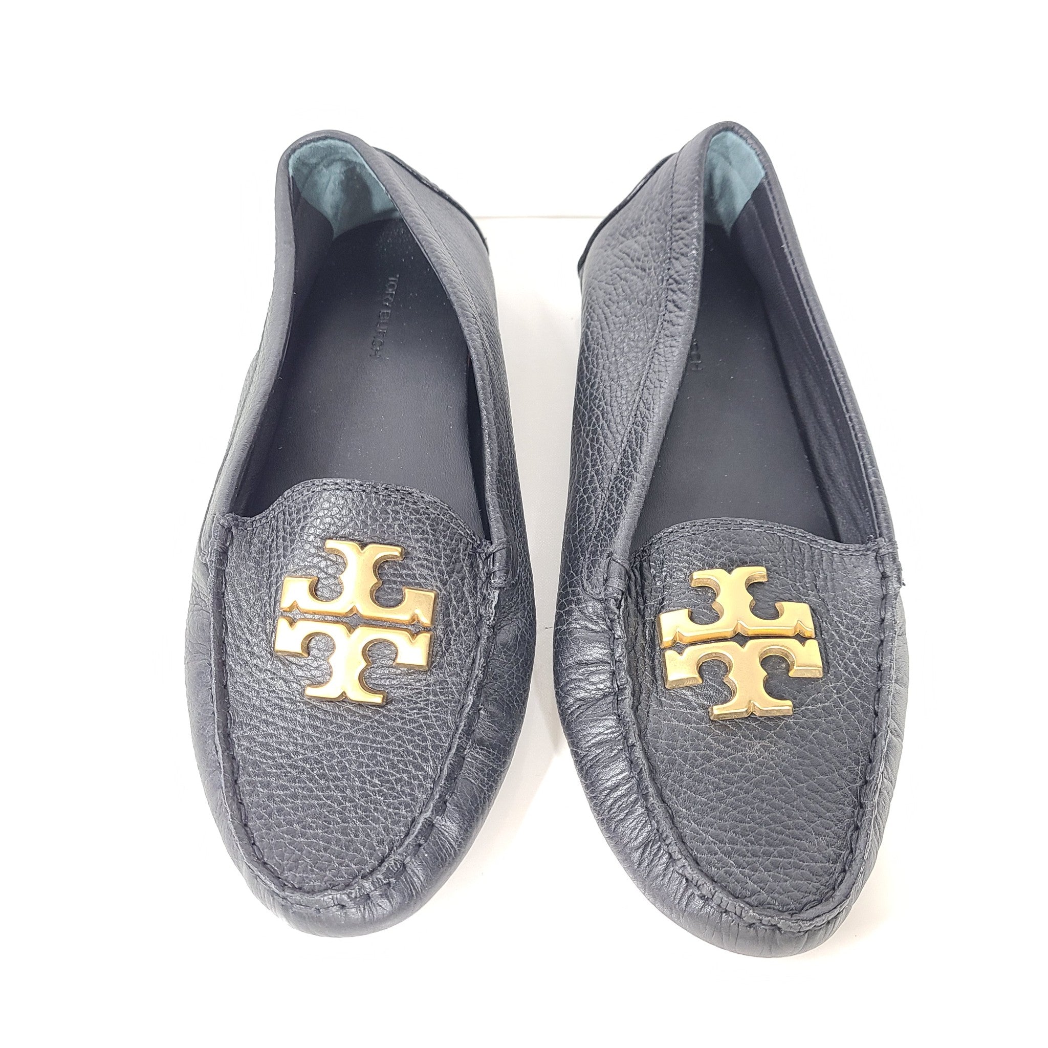 Tory Burch Everly Driver Loafers Slip-On Shoes Leather Gold Logo Black 9