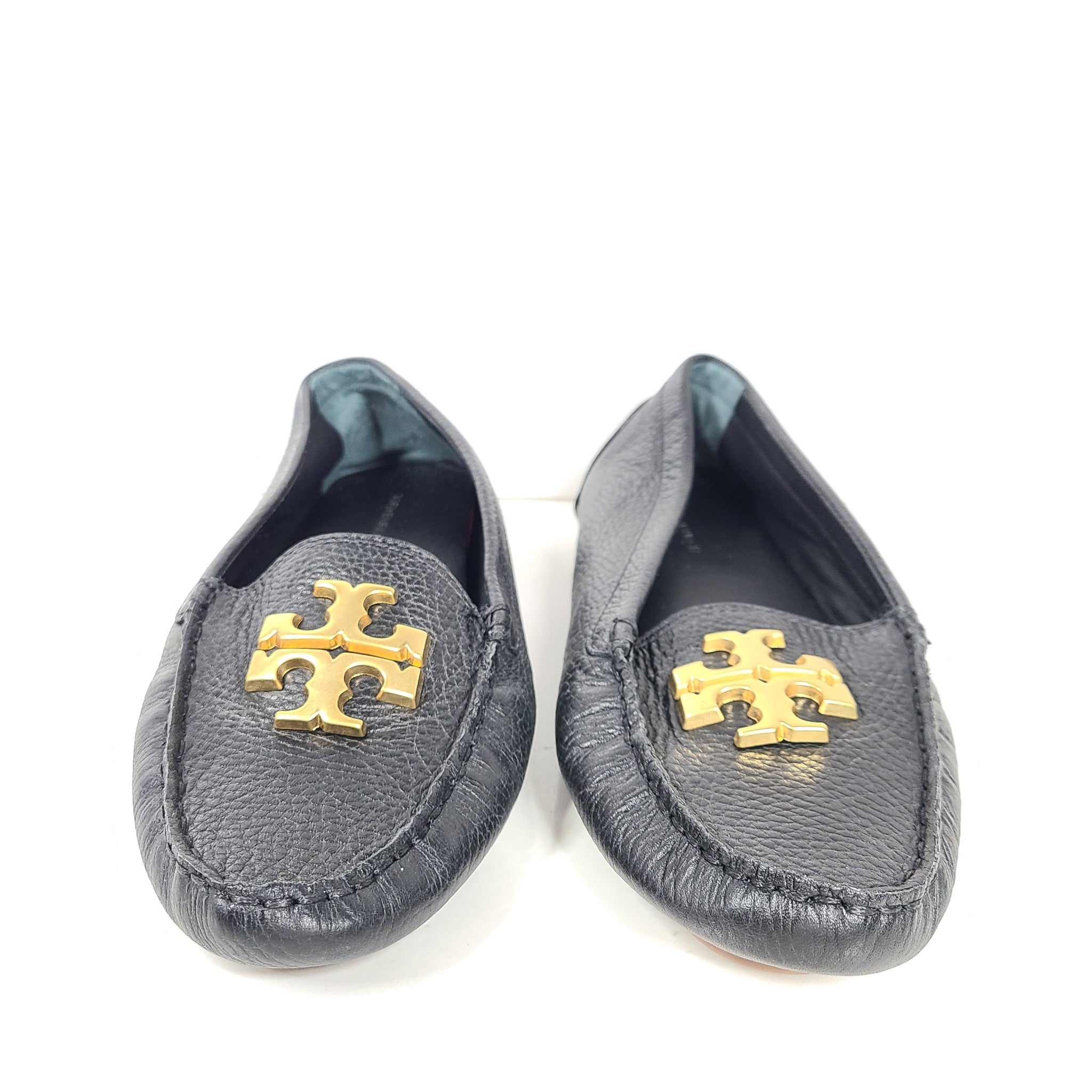 Tory Burch Everly Driver Loafers Slip-On Shoes Leather Gold Logo Black 9