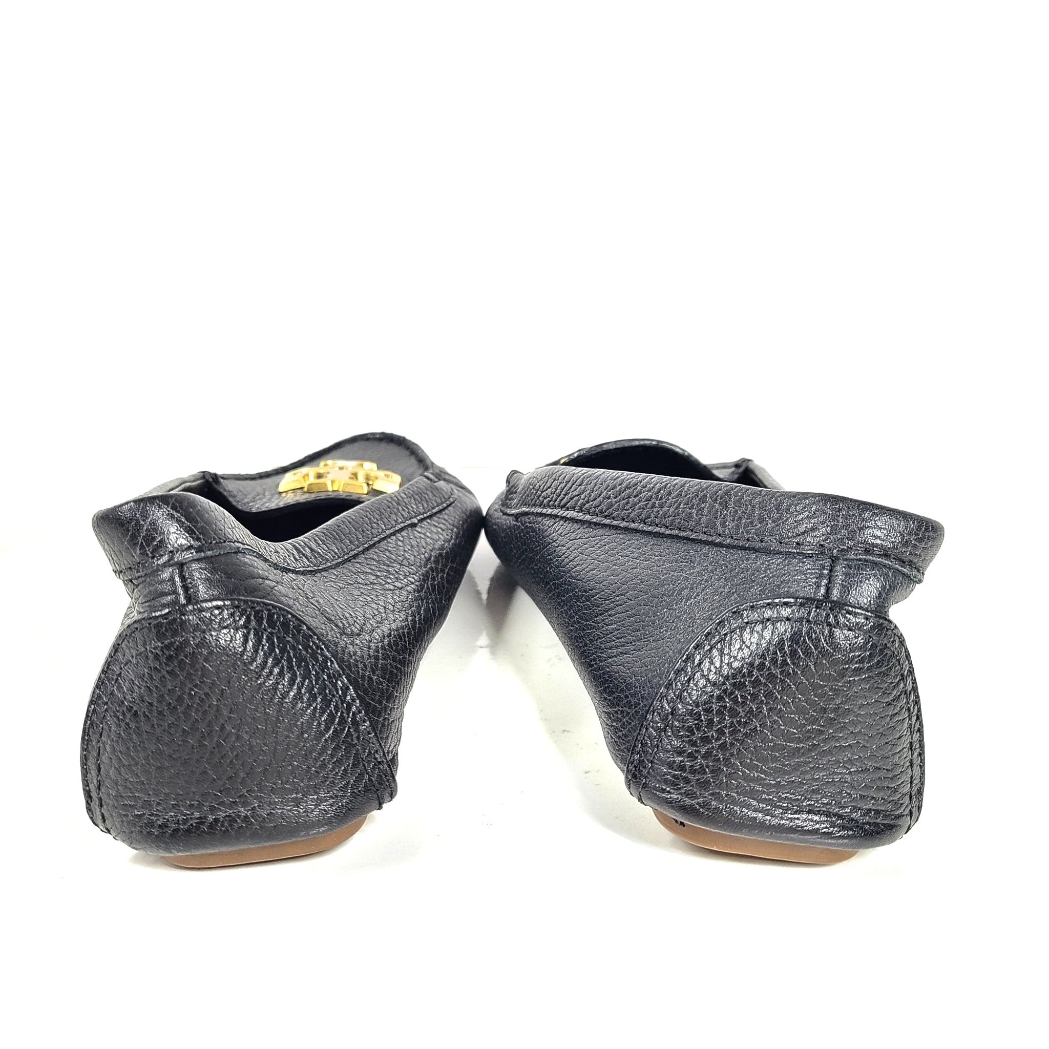 Tory Burch Everly Driver Loafers Slip-On Shoes Leather Gold Logo Black 9