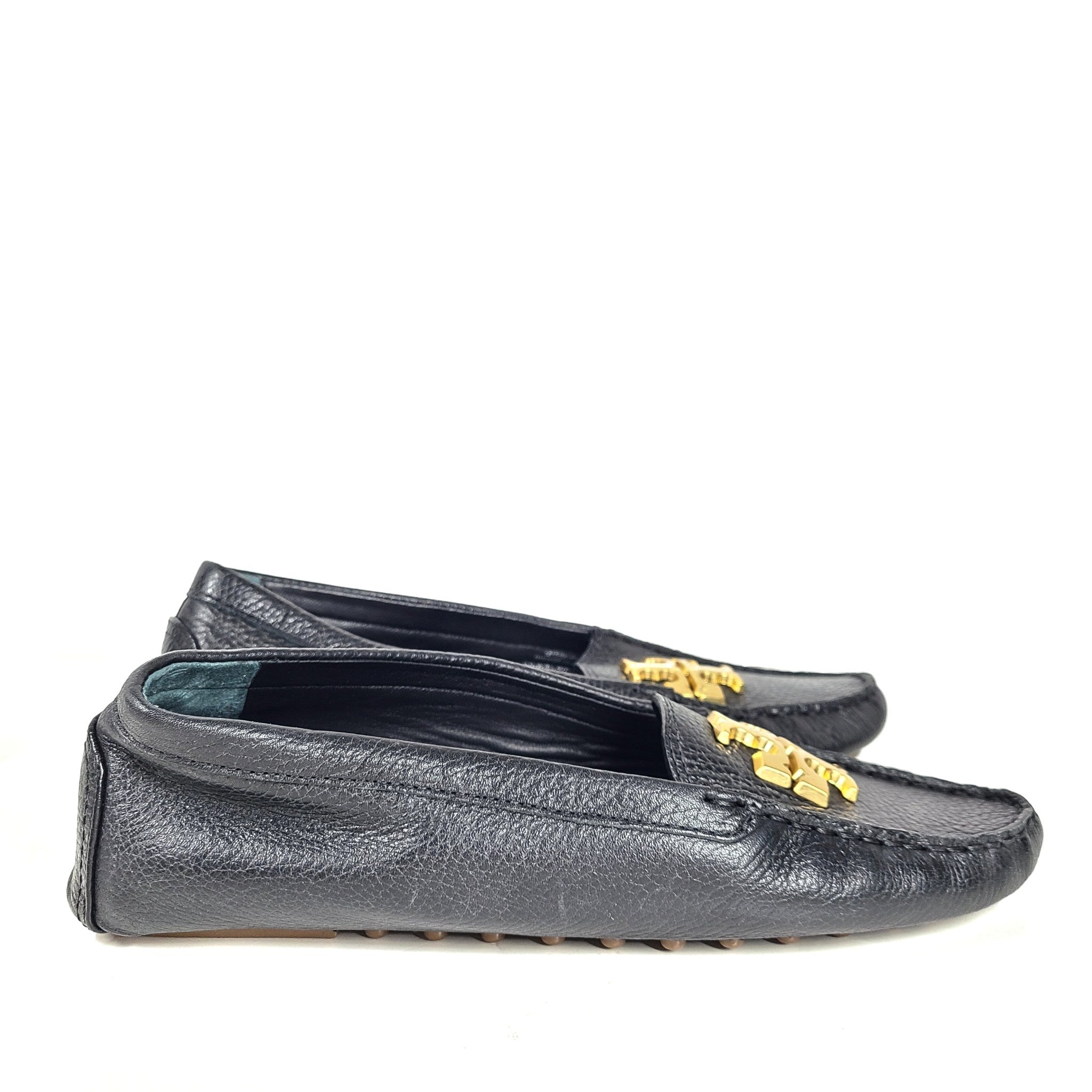 Tory Burch Everly Driver Loafers Slip-On Shoes Leather Gold Logo Black 9