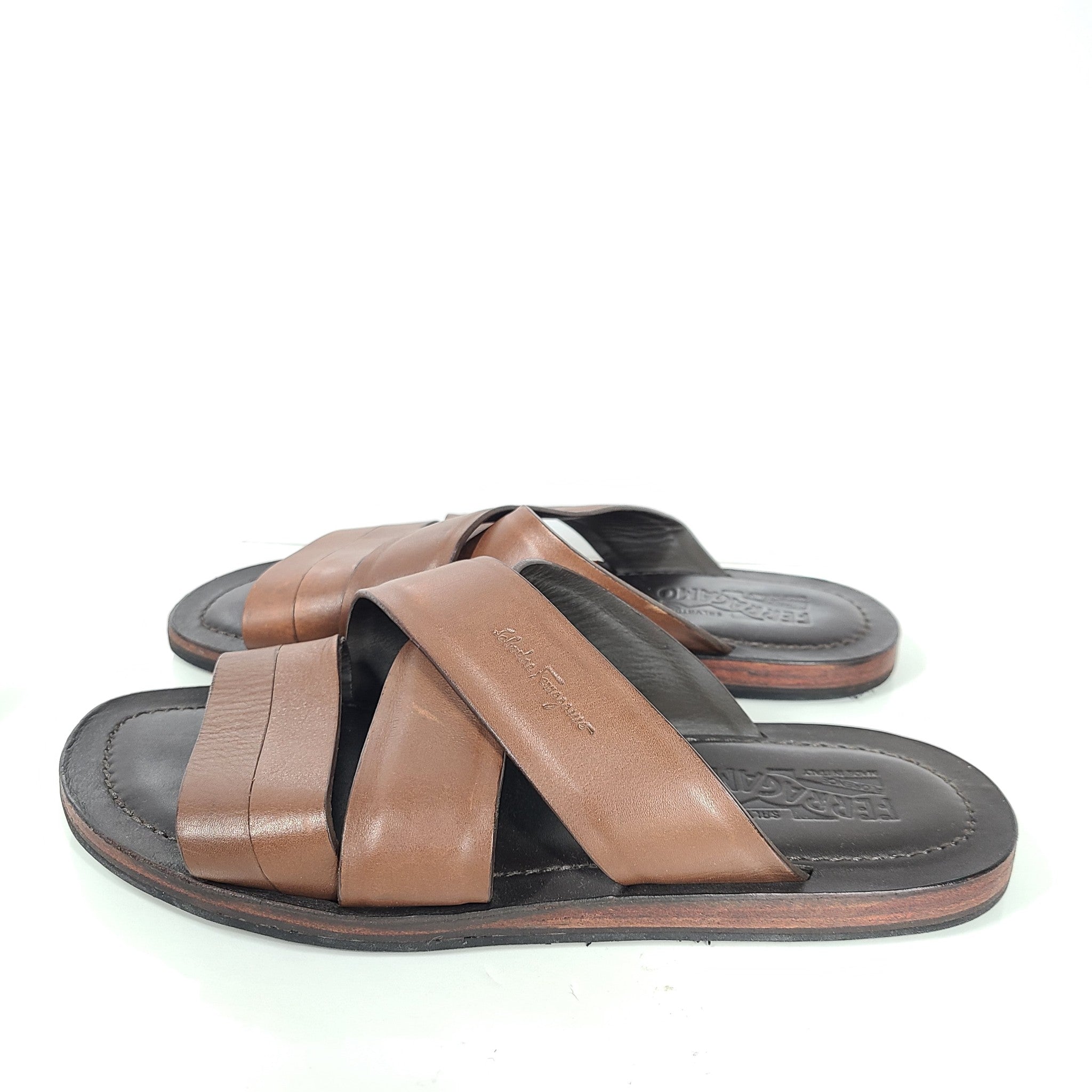 Salvatore Ferragamo Men's Filone Slipper Slide Sandal Leather Slides Brown US 9