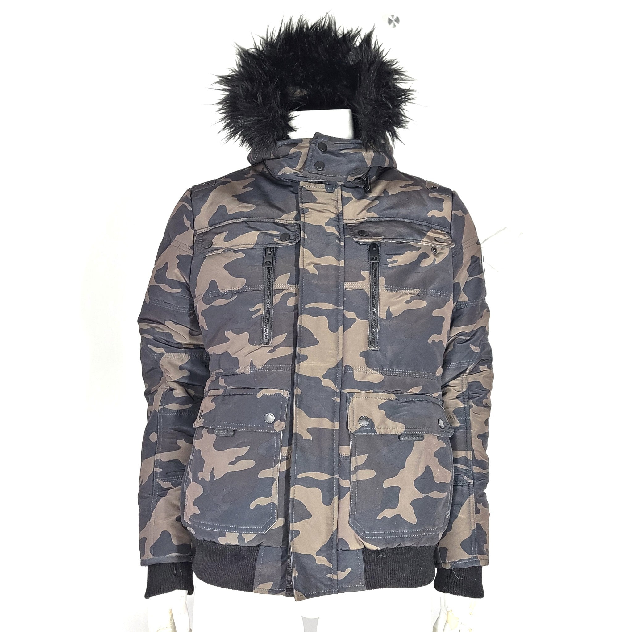 Guess Men's Dustin Puffer Jacket Parka Coat Hooded Fur Trim Camouflage Green S