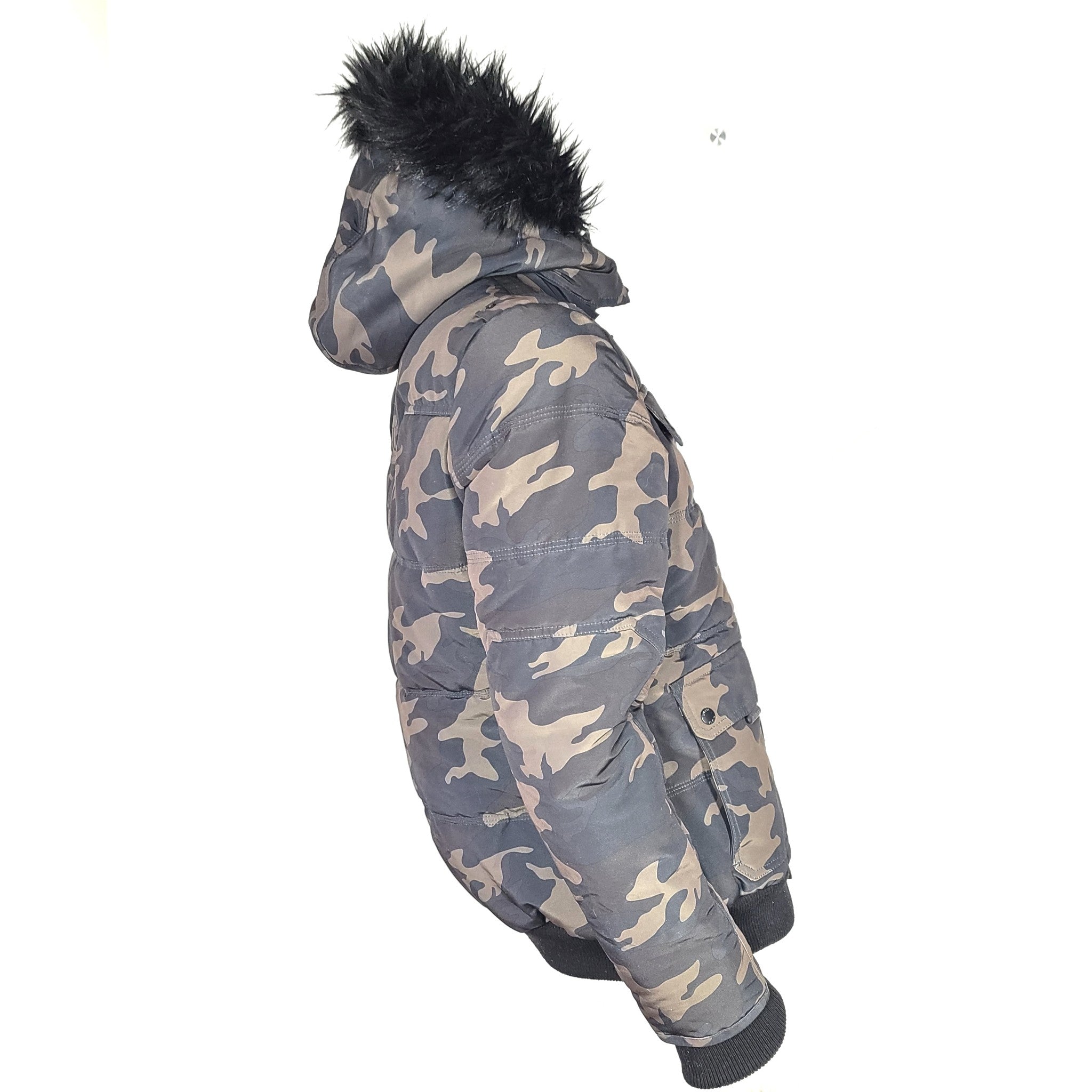 Guess Men's Dustin Puffer Jacket Parka Coat Hooded Fur Trim Camouflage Green S
