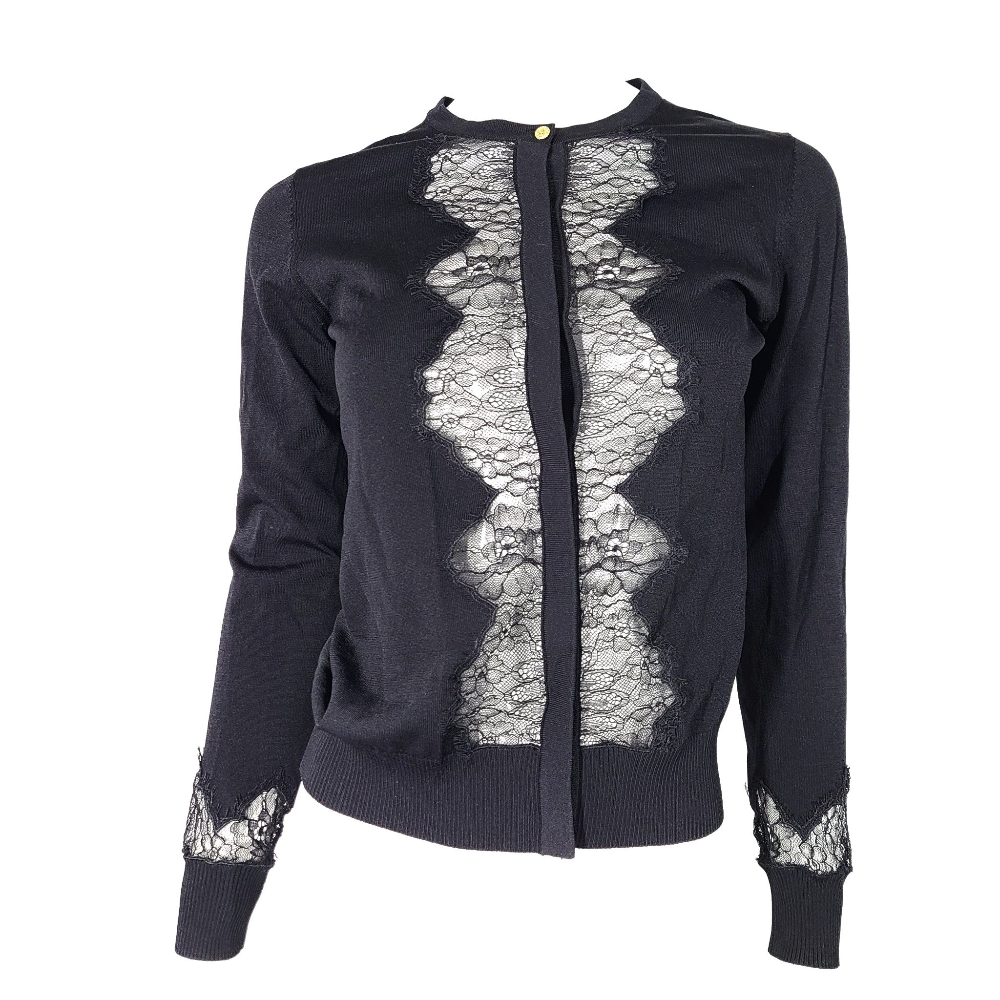 SOV. Women's Button Up Lace Placket Cardigan Sweater Jacket Black Sz S / 38