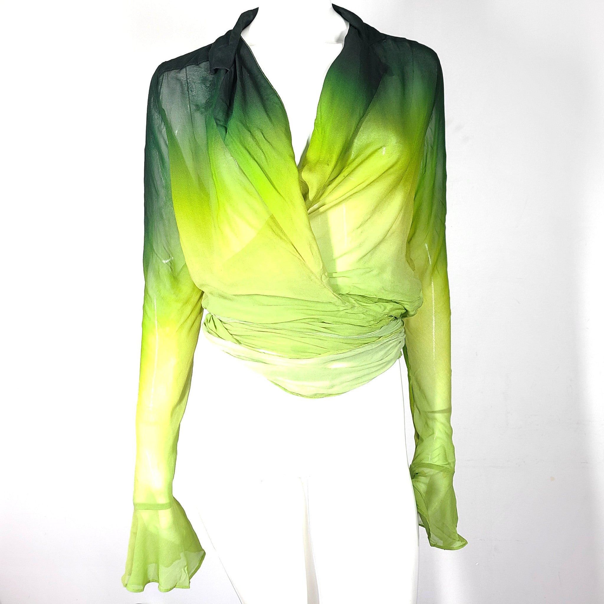 Rat & Boa Women's Cypress Shirt Tie Down Sheer Long Sleeve Ombre Green Sz S