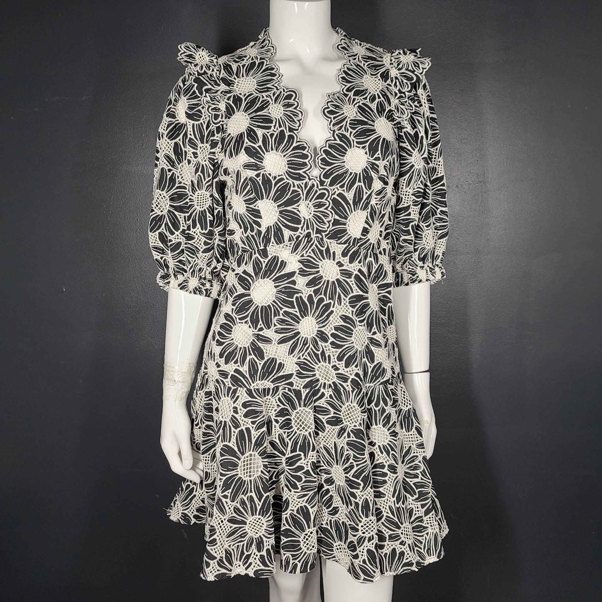 Sandro Women's Audrey Dress Embroidered Floral Lace Short Sleeve Black L