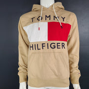 Tommy Hilfiger Men's Flag Hoodie Sweater Sweatshirt Fleece Lined Beige Sz M