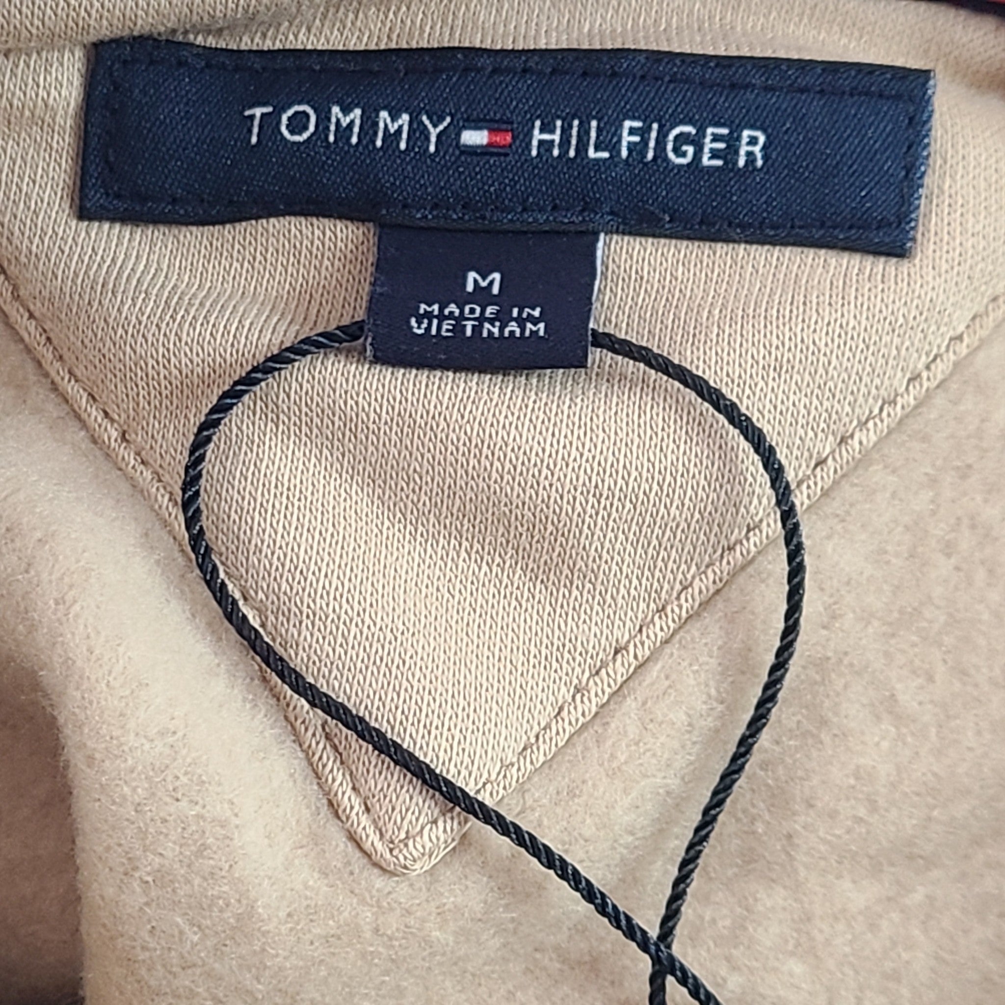 Tommy Hilfiger Men's Flag Hoodie Sweater Sweatshirt Fleece Lined Beige Sz M
