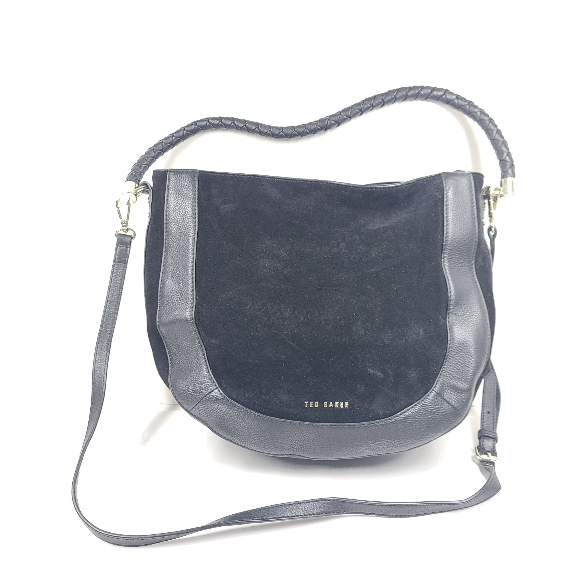 Ted Baker London Parcia Braided Handle Suede Leather Shoulder Hobo Bag Black