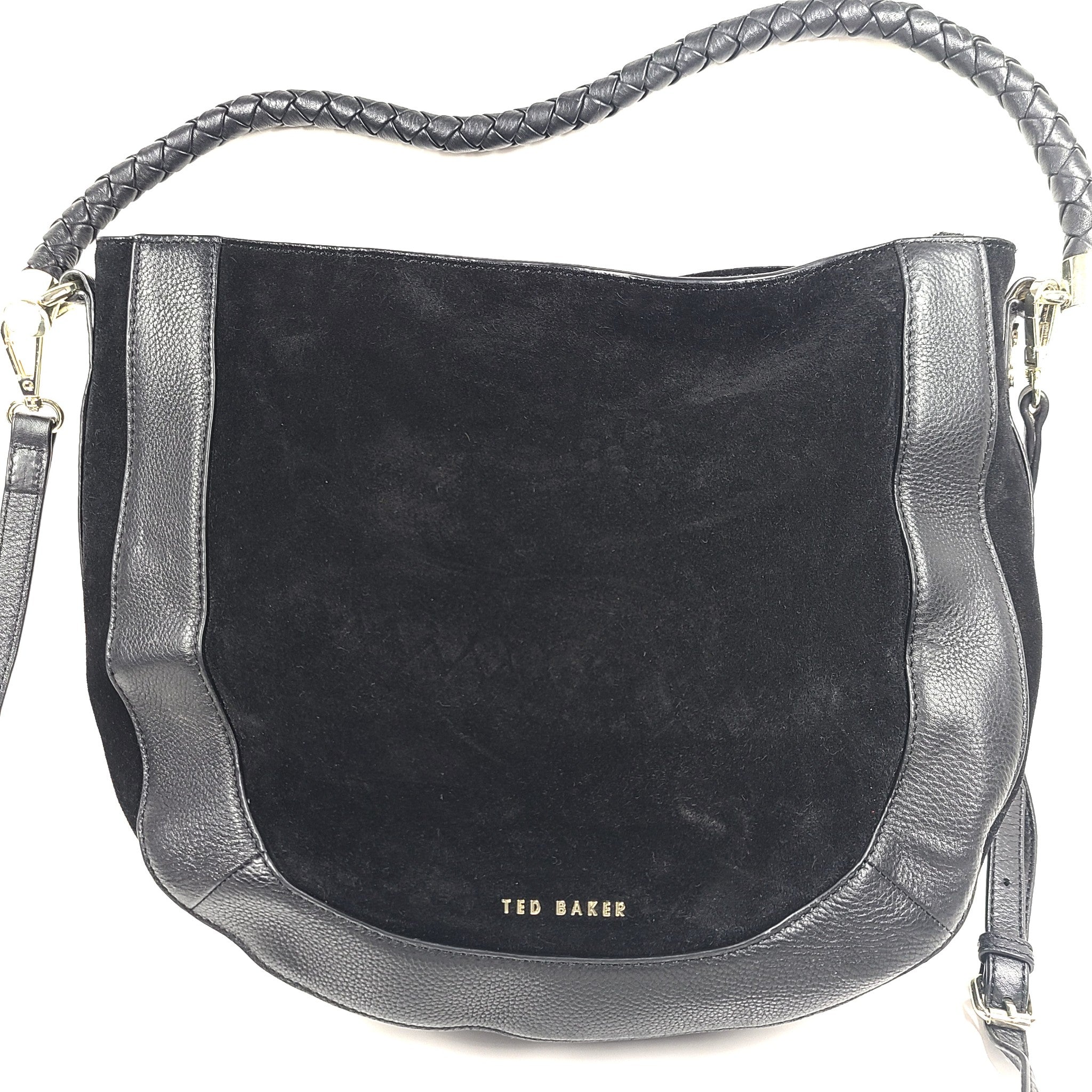 Ted Baker London Parcia Braided Handle Suede Leather Shoulder Hobo Bag Black