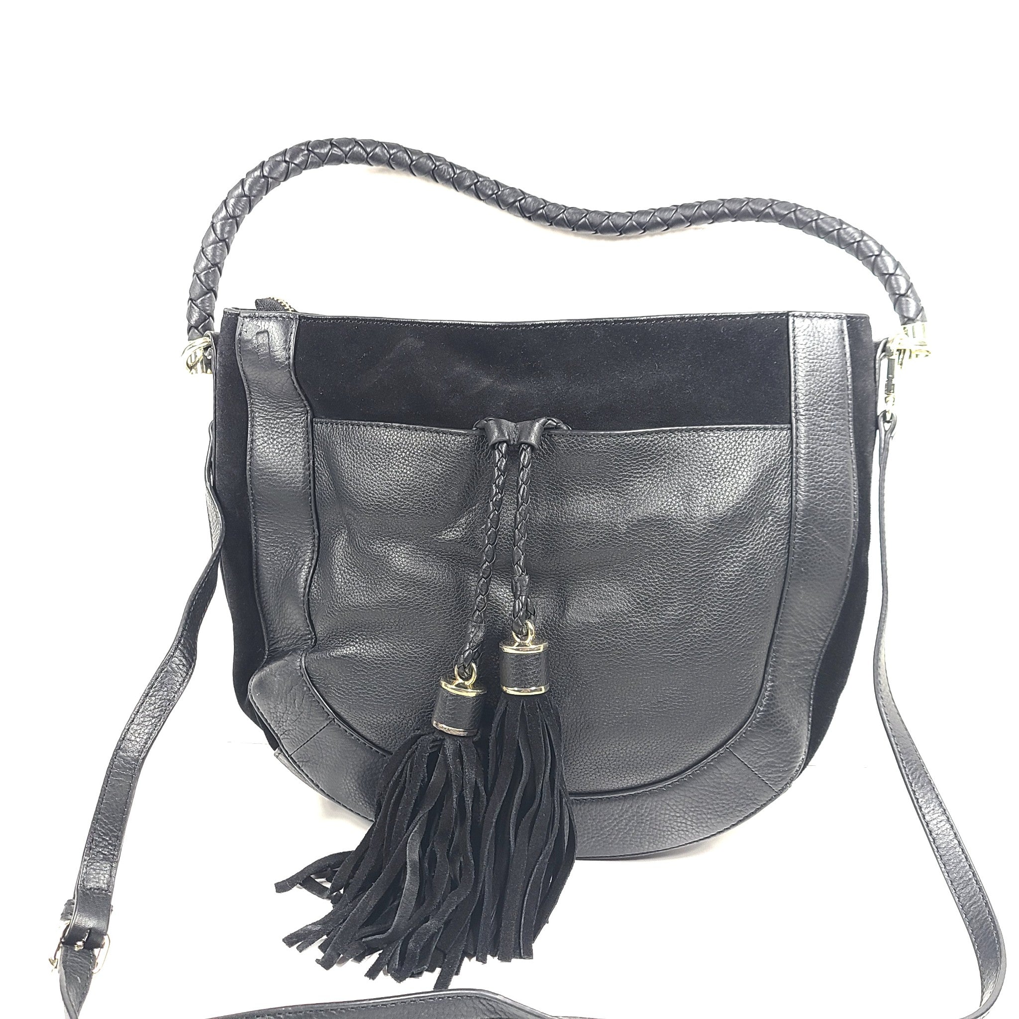 Ted Baker London Parcia Braided Handle Suede Leather Shoulder Hobo Bag Black