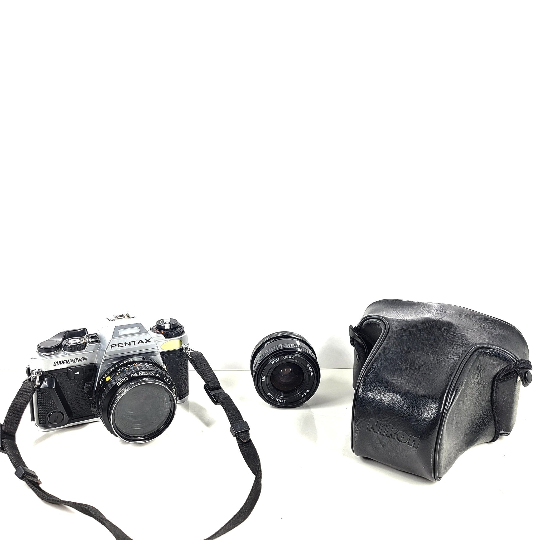 Pentax Super Program 35mm SLR Film Camera + 50mm + Wide Angle + Holster Case