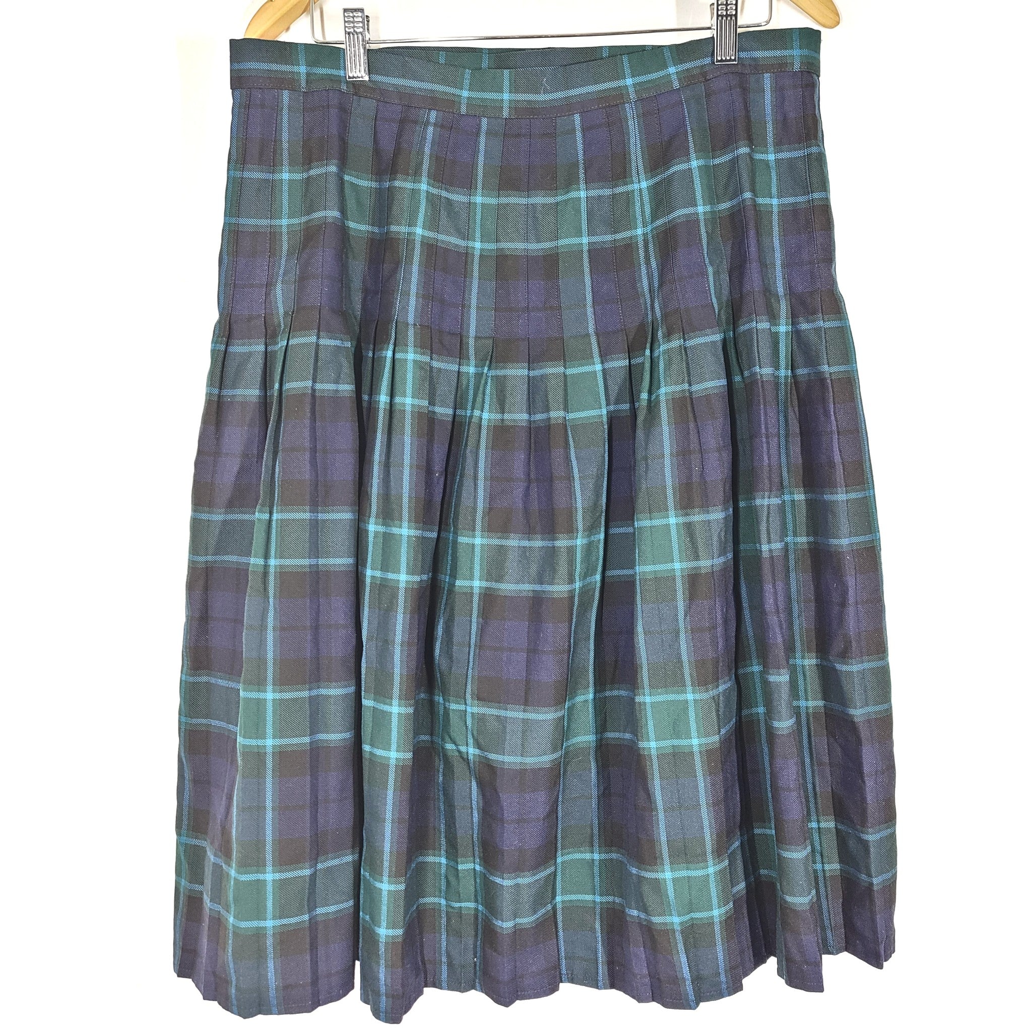 Skippy Anne Fahy Avant Garde Tartan Skirt Kilt Pleated Midi Blue/Green Sz 34