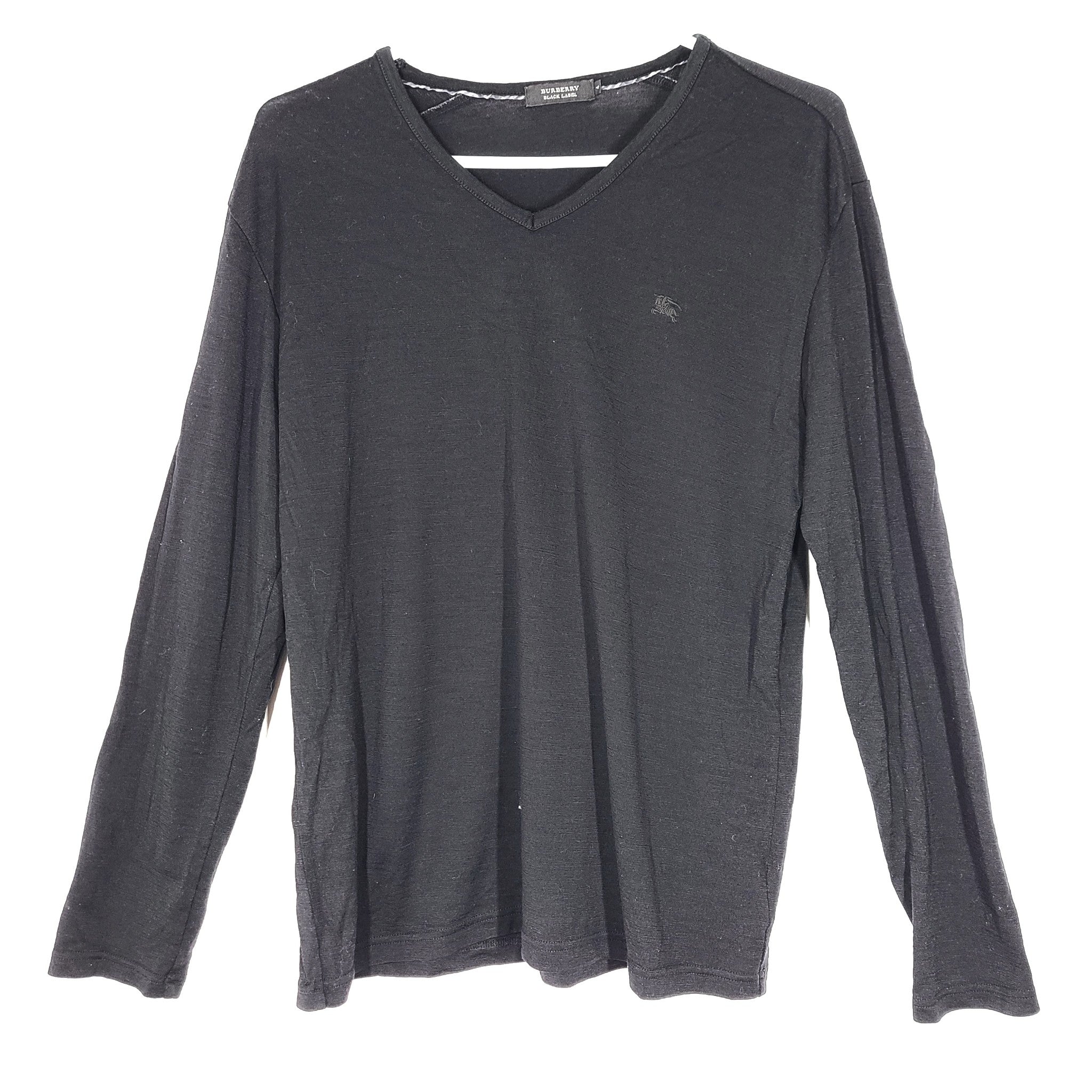 Burberry Black Label Men's V-Neck Wool Long Sleeve Shirt Sweater Black Sz 4