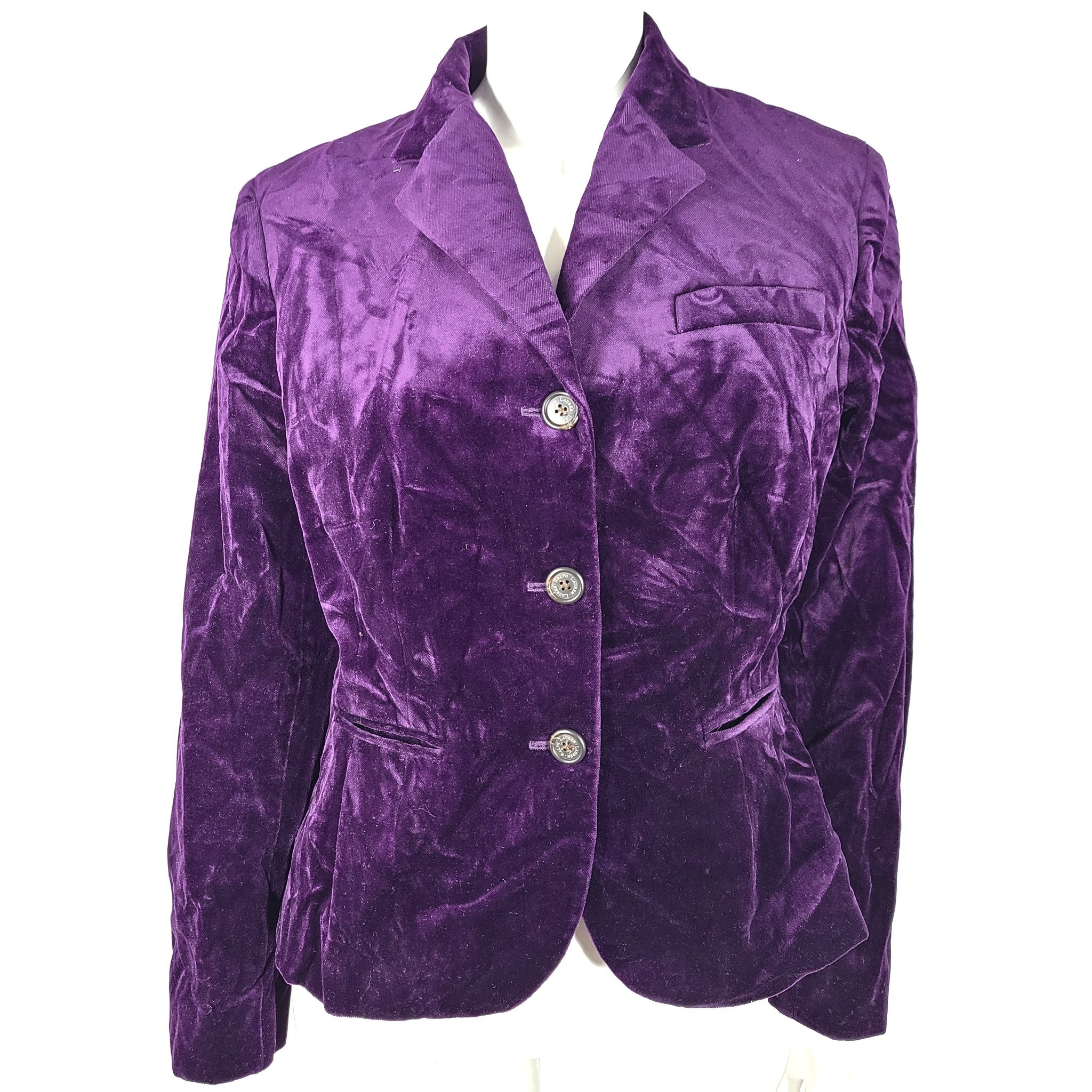 Ralph Lauren Three-Button Lined Velvet Blazer Jacket Elegant Purple Sz 14